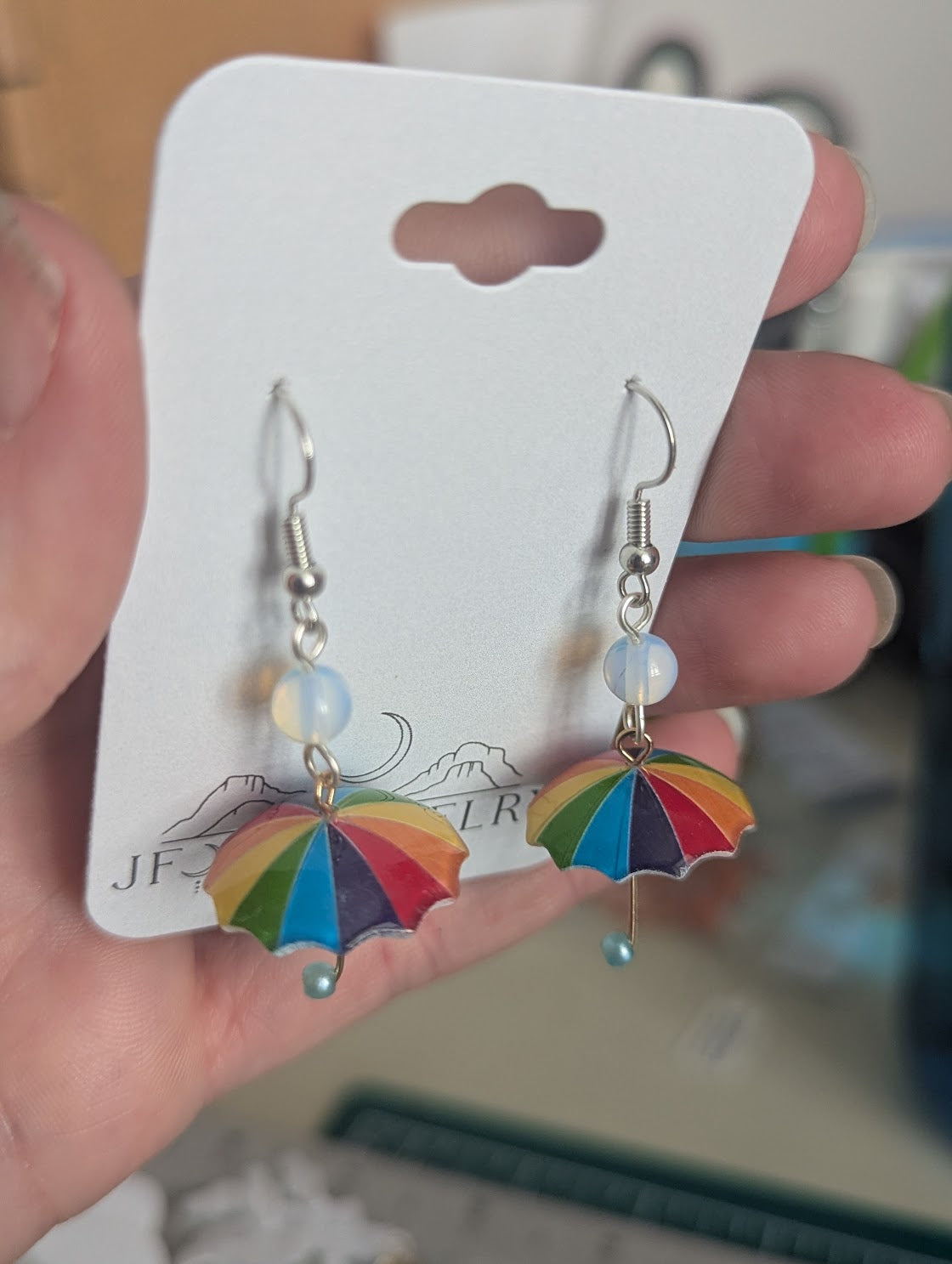 Rainbow Umbrella Drop Earrings (Silver or Gold)