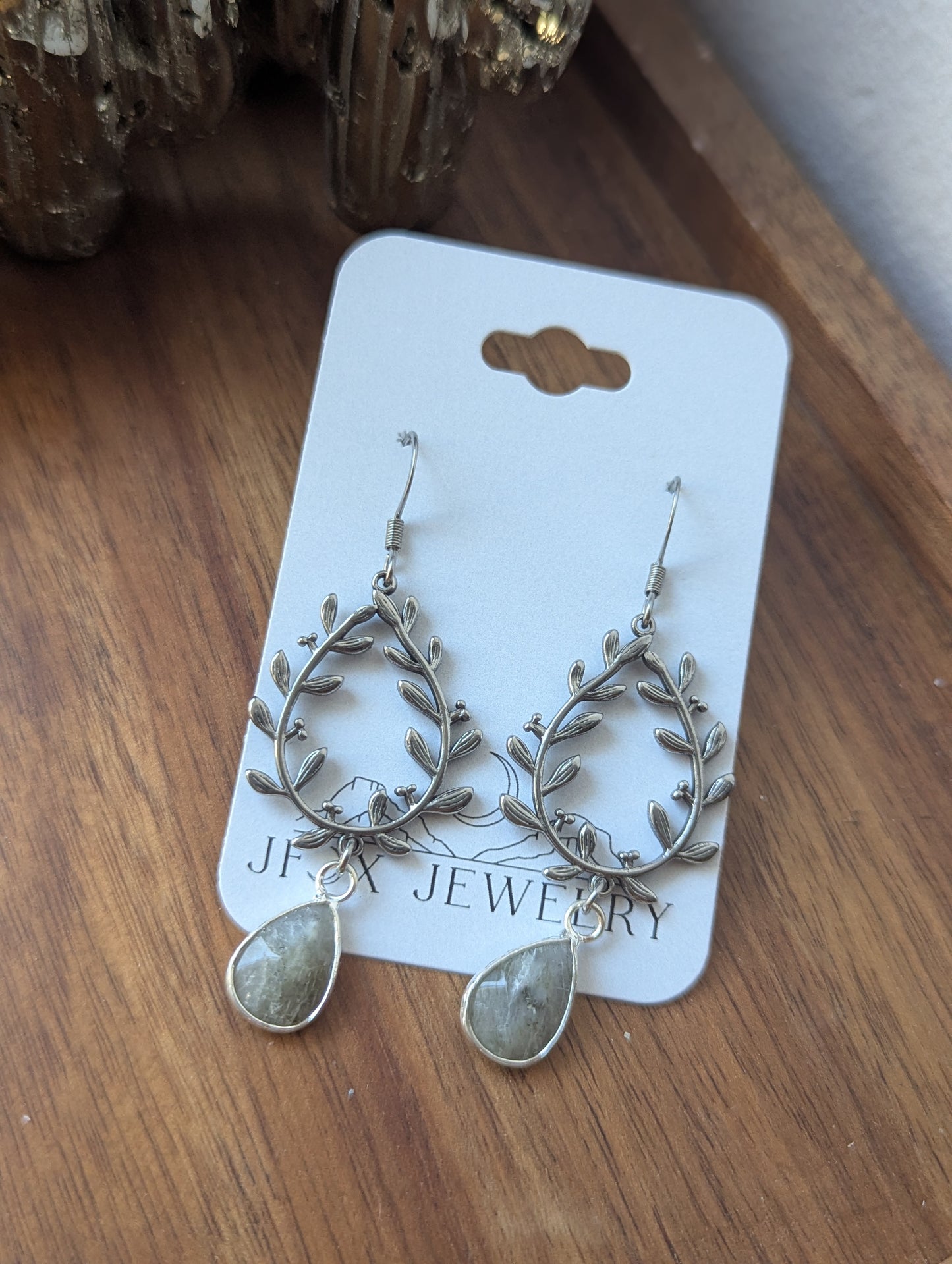 Silver Laurel Wreath Tear Drop Earrings (Labradorite or Lapis Lazuli)