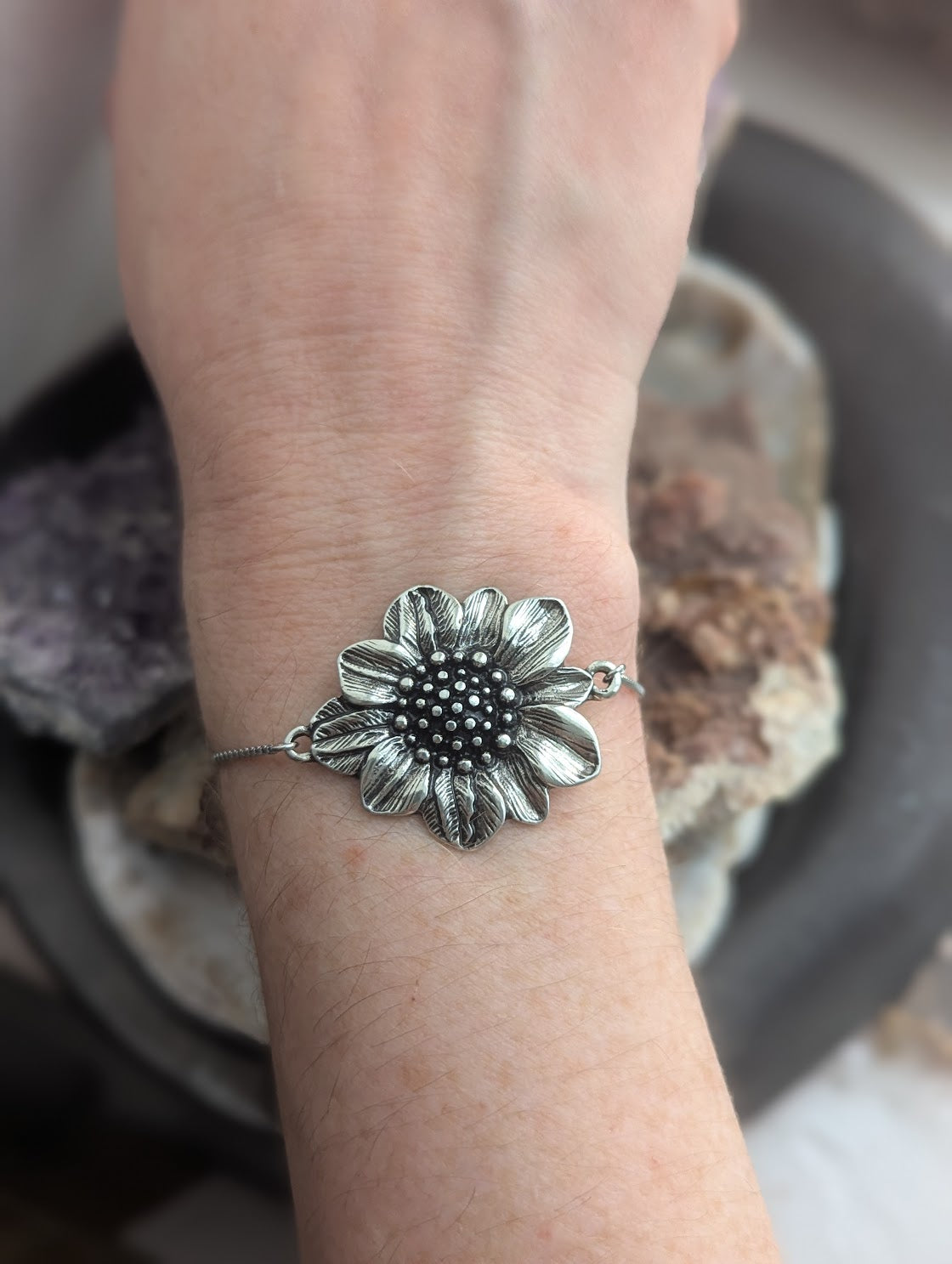 Large Silver Flower Silver Slider Bracelet