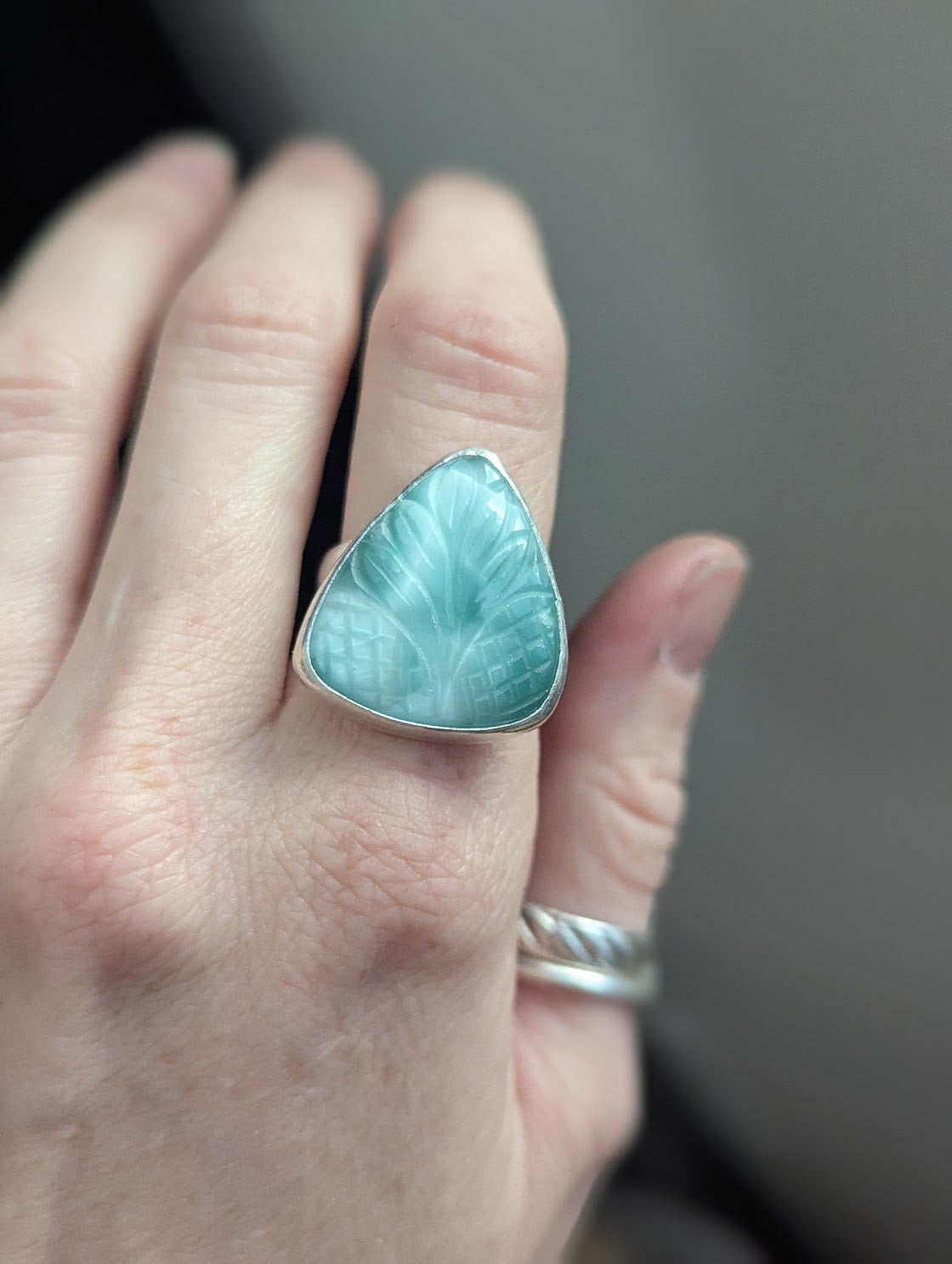 Carved Tropical Hemimorphite Tear Drop Sterling Silver Ring - Size 7.5