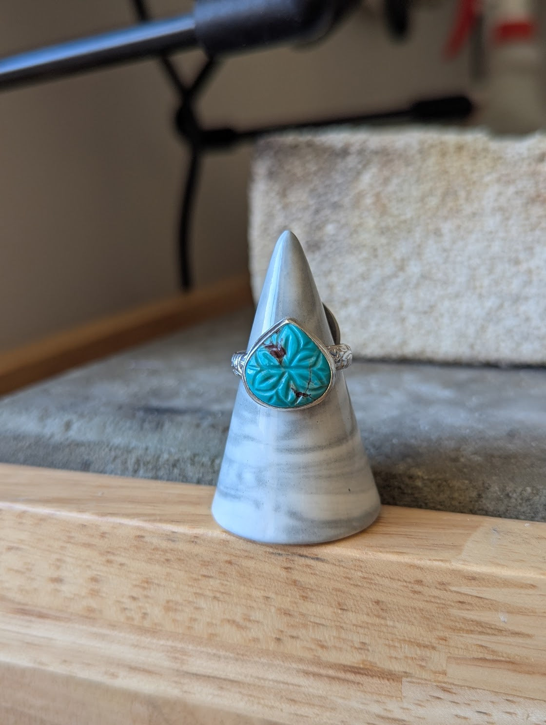 Carved Floral Turquoise Tear Drop Sterling Silver Ring - SIze 8