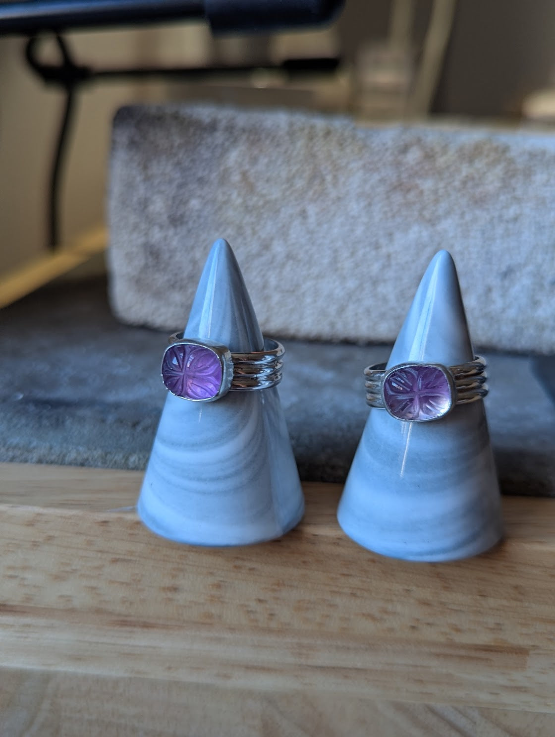 Floral Cared Amethyst Sterling Silver Ring - Size 7 & 8.5