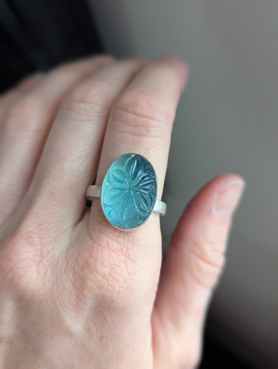 Carved Flower Blue-Green Fluorite Sterling Silver Ring - Size 10
