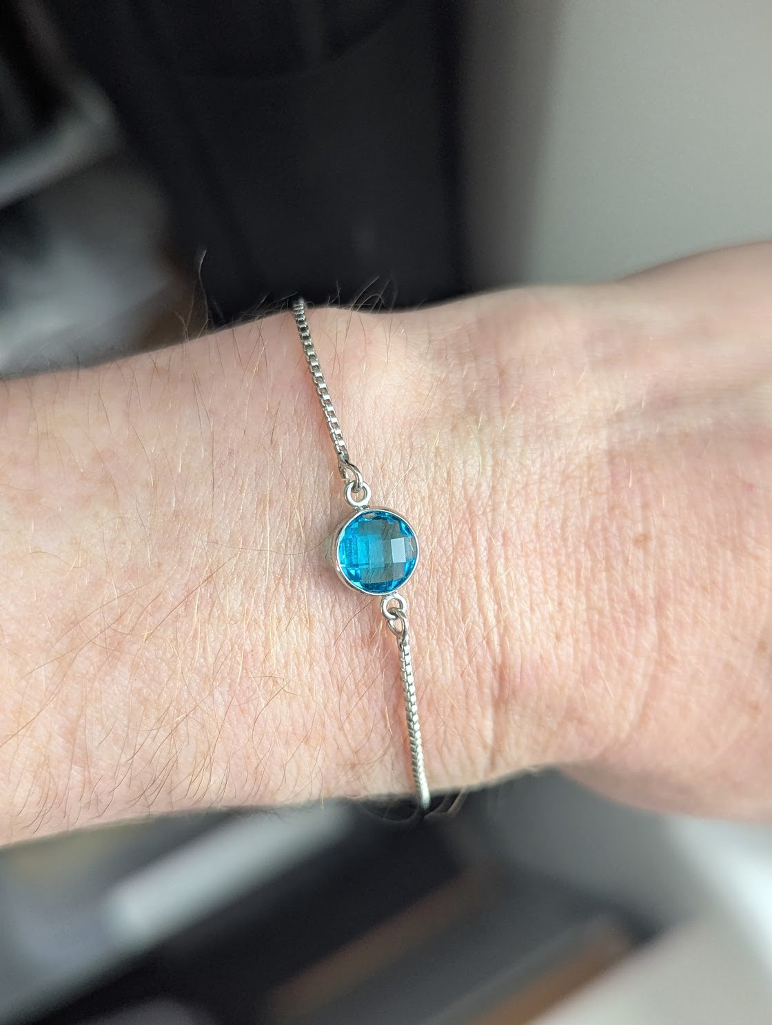 Aqua Faceted Round Silver Slider Bracelet