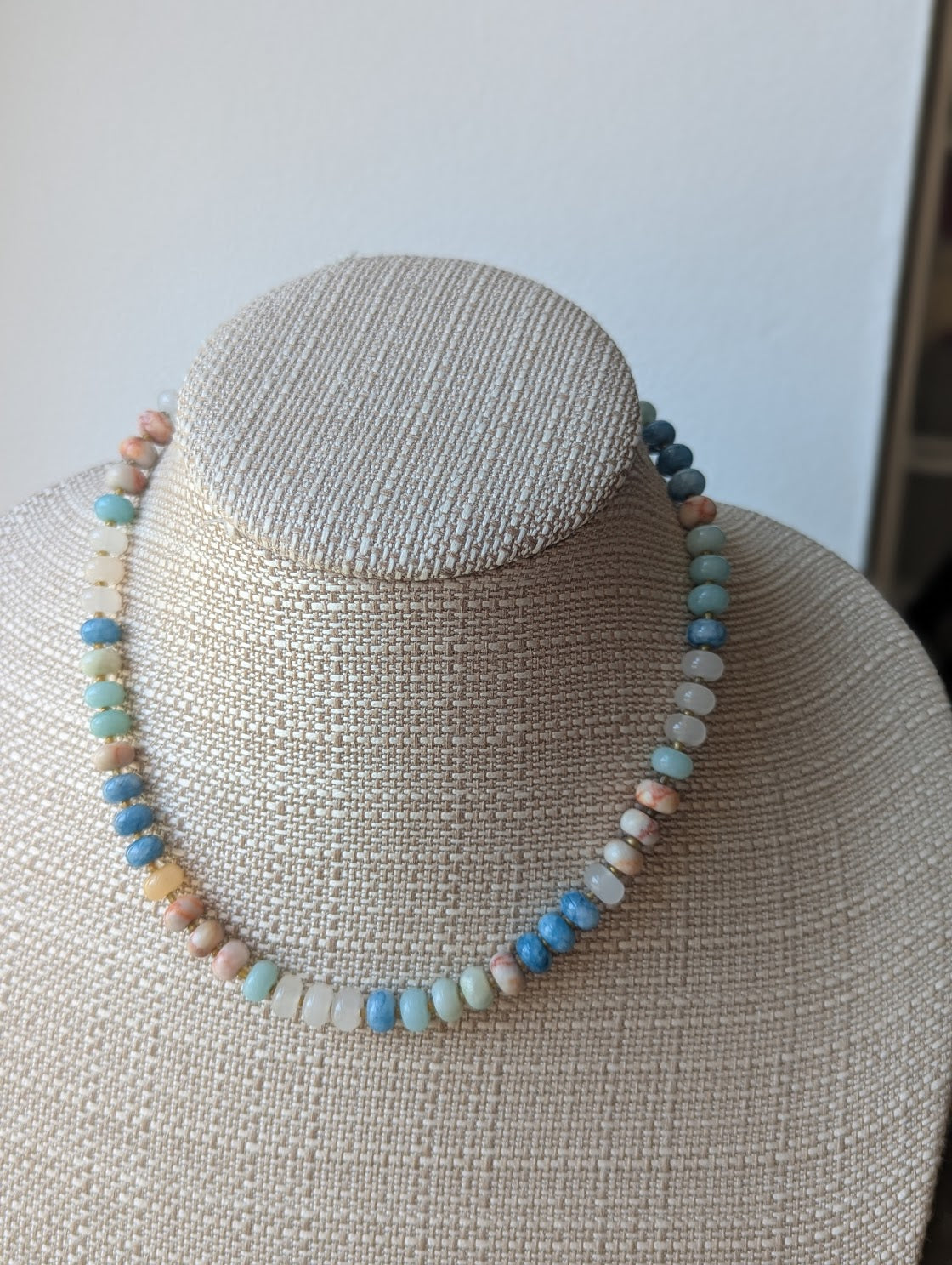 Rose Quartz, Red Vein Jasper, Aquamarine Rondelle Beaded Necklace (Silver or Gold)