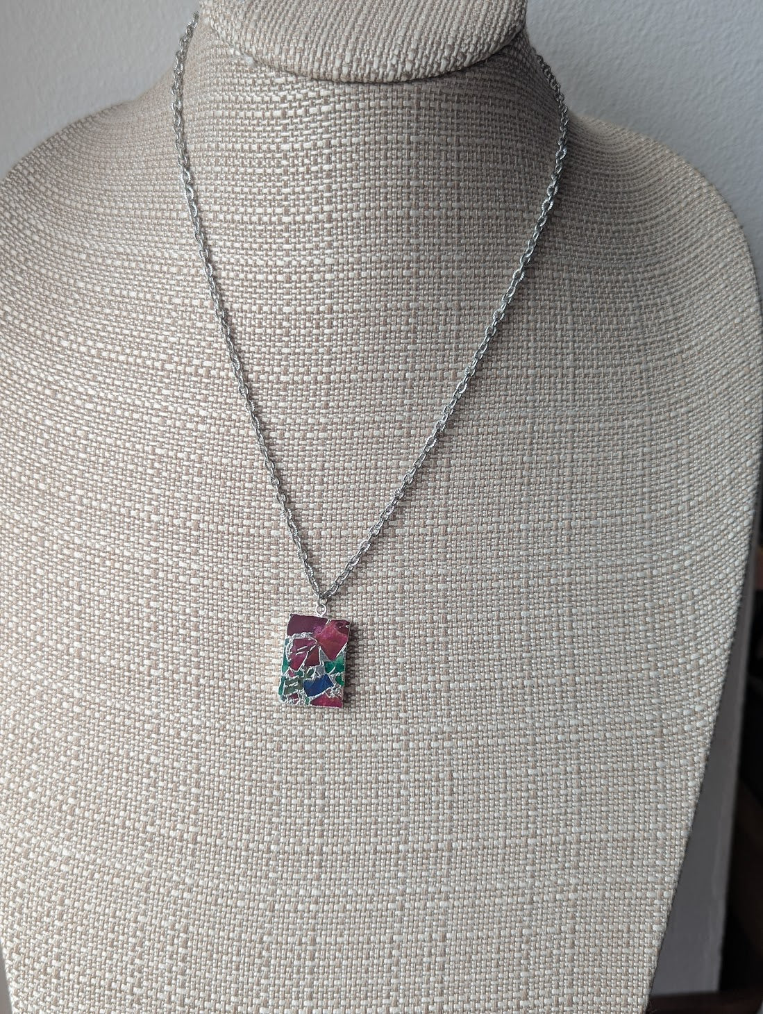 Mixed Mosaic Silver Rectangle Necklace