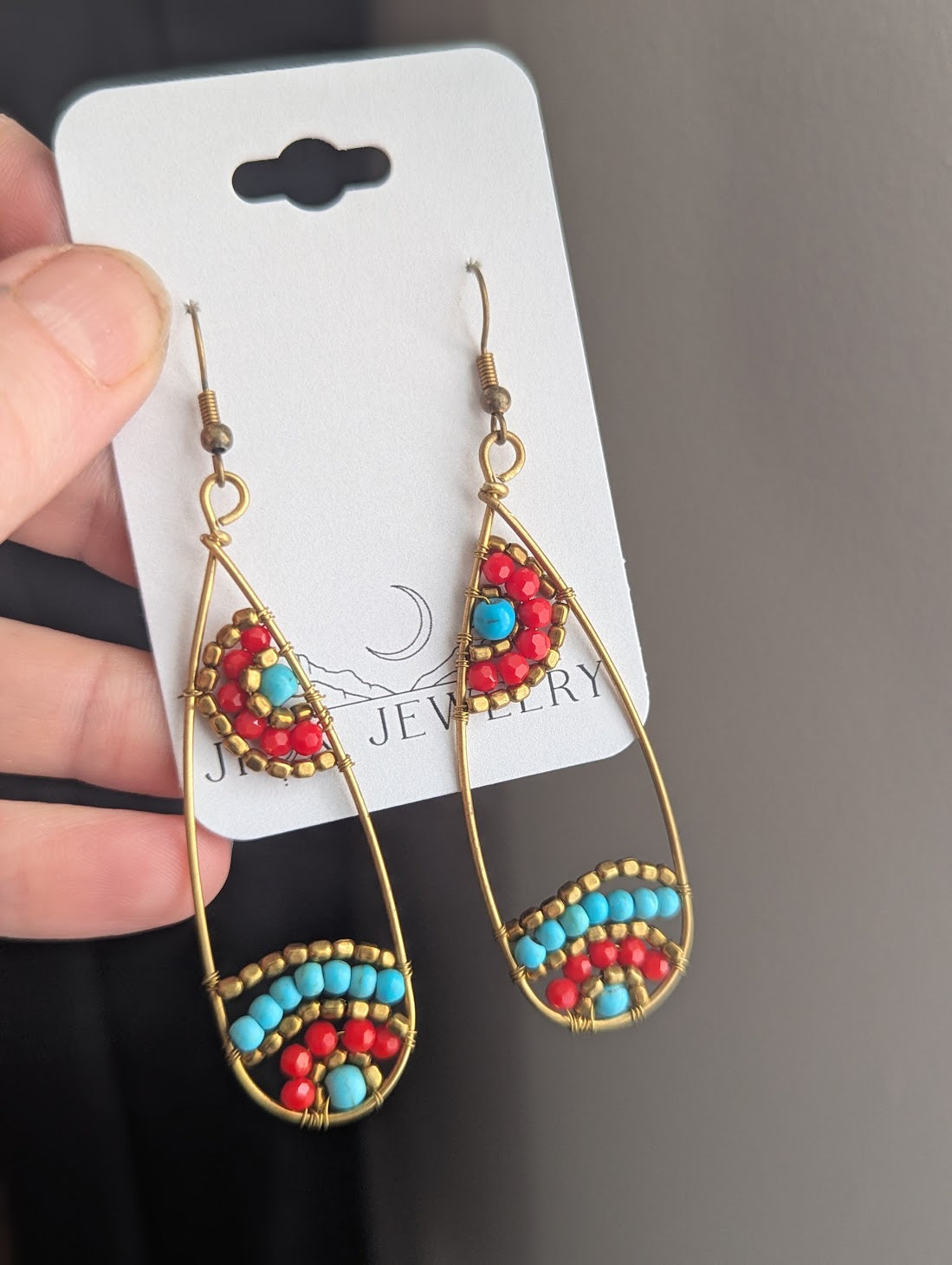 Red and Turquoise Beaded Tear Drop Brass Earrings