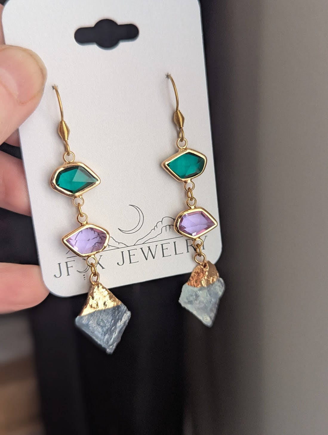 Green, Purple, Aquamarine Gold Earrings