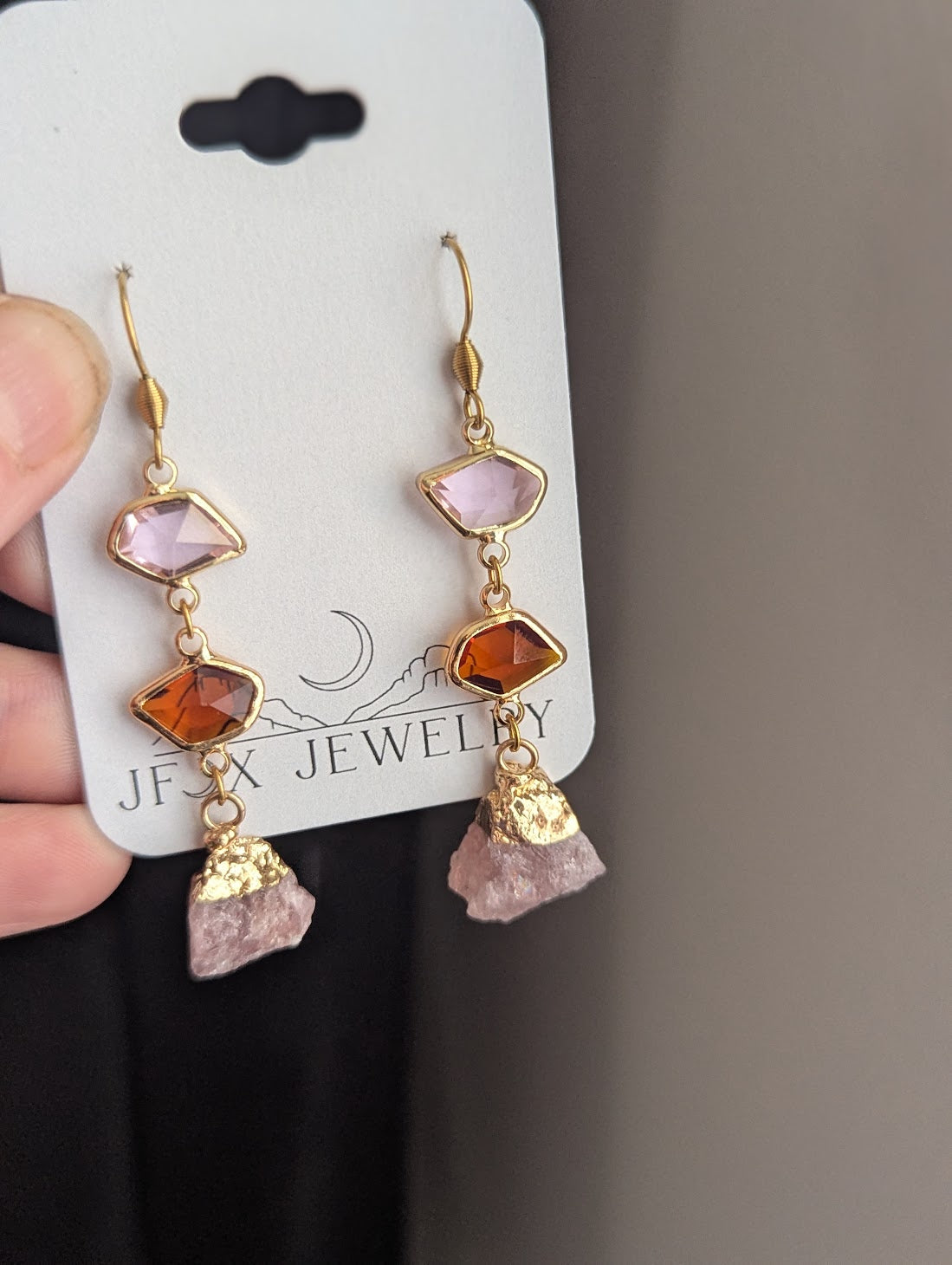 Pink, Brown, Strawberry Quartz Gold Earrings