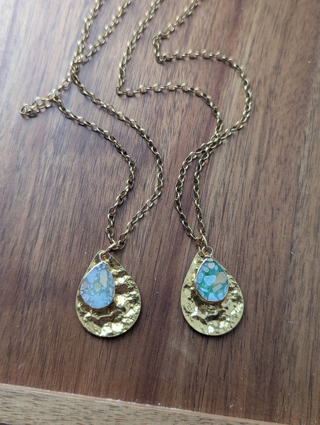 Aqua Terra Jasper Mosaic Hammered Brass Tear Drop Necklace – JFOX