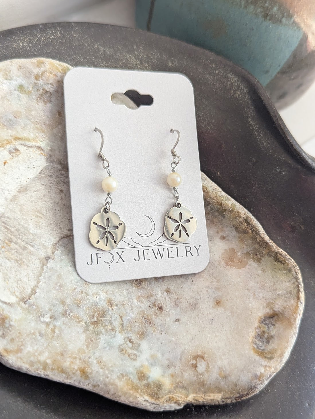 Silver Sand Dollar Freshwater Pearl Earrings