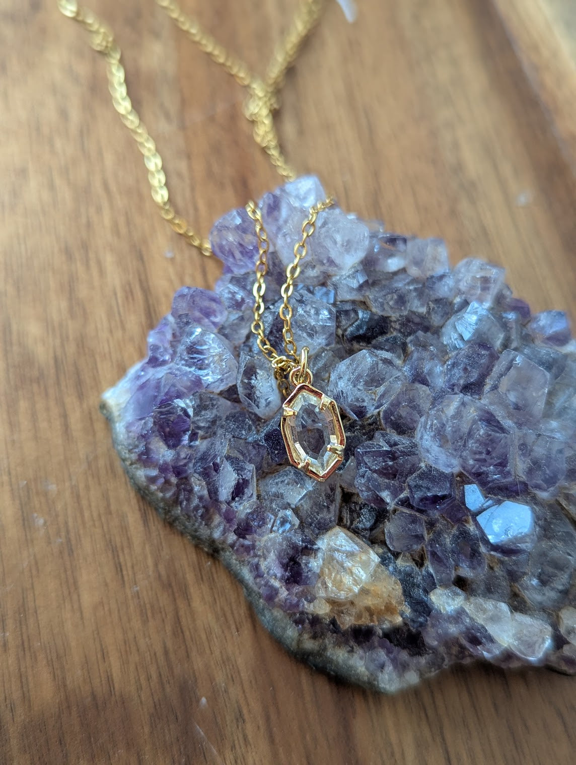 Faceted Geometric Clear Crystal Gold Necklace
