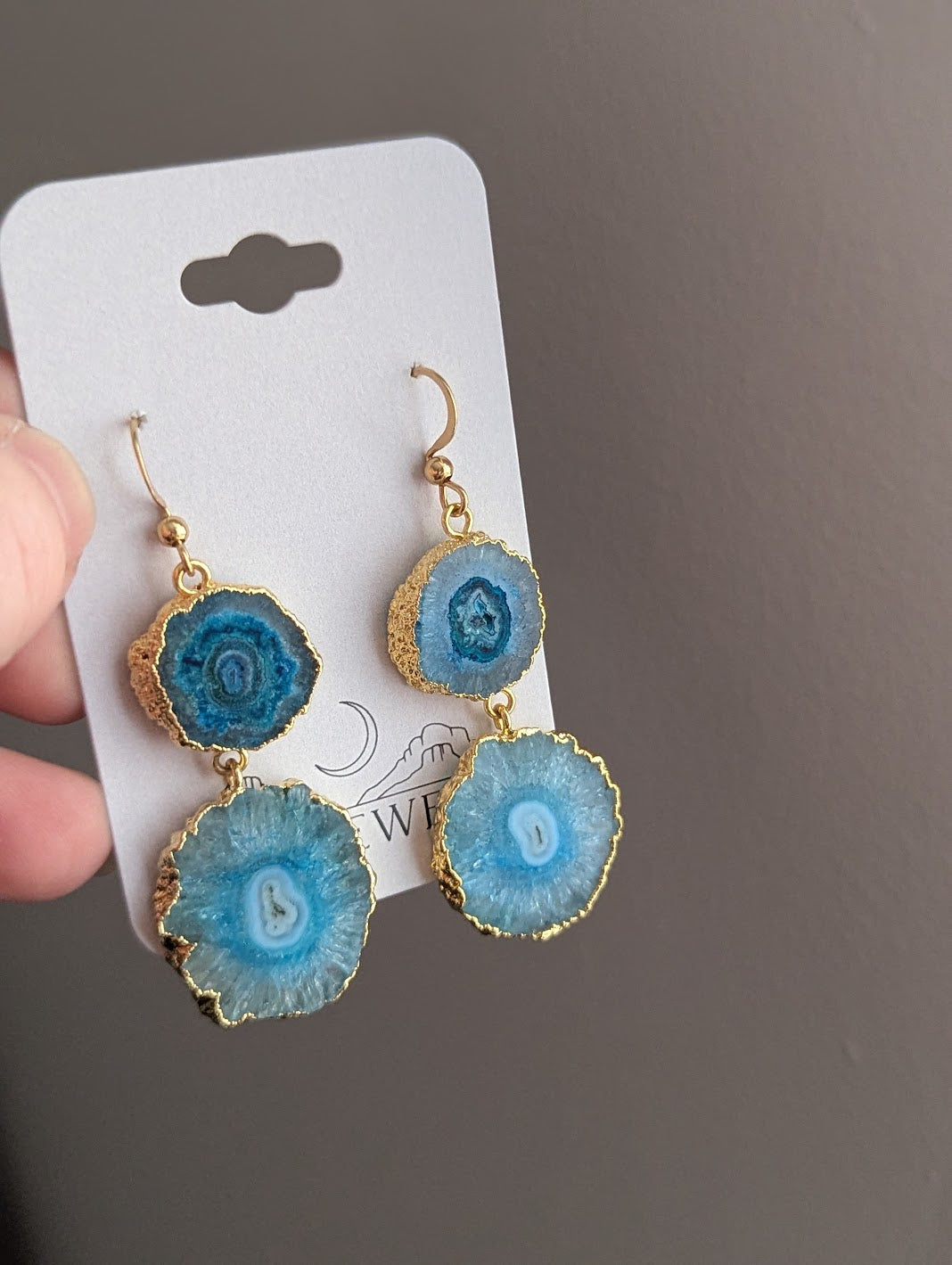 Aqua Blue Agate Slice Duo Gold Earrings