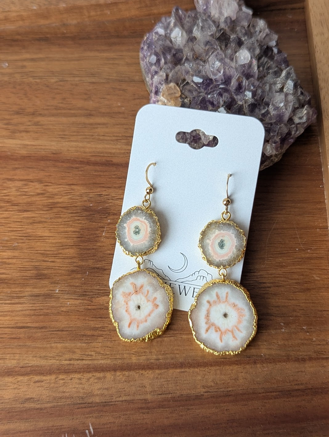 Light Pink Agate Slice Duo Gold Earrings