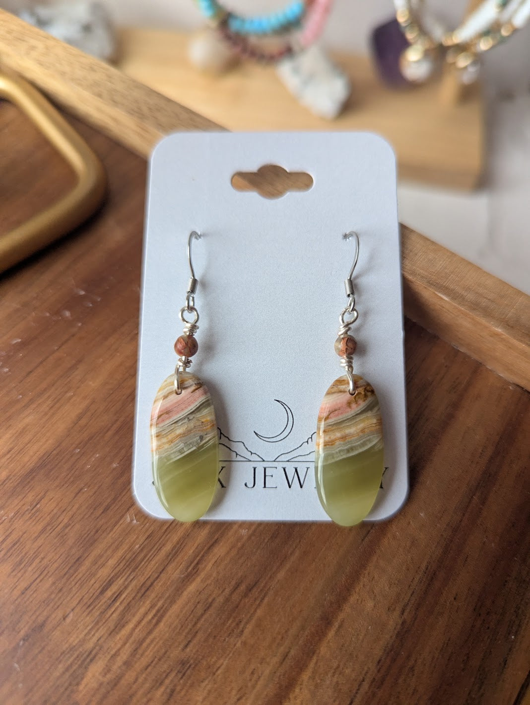 Green Banded Calcite Oval Silver Earrings (Various Options Available)