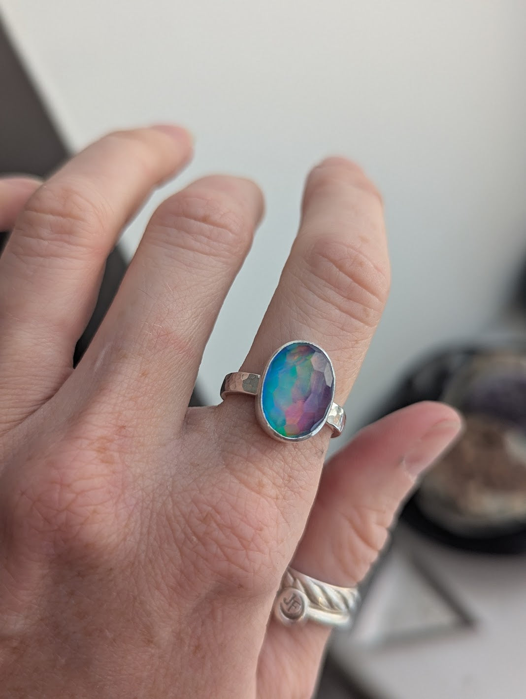 Blue Aurora Opal Oval Silver Ring - Size 7