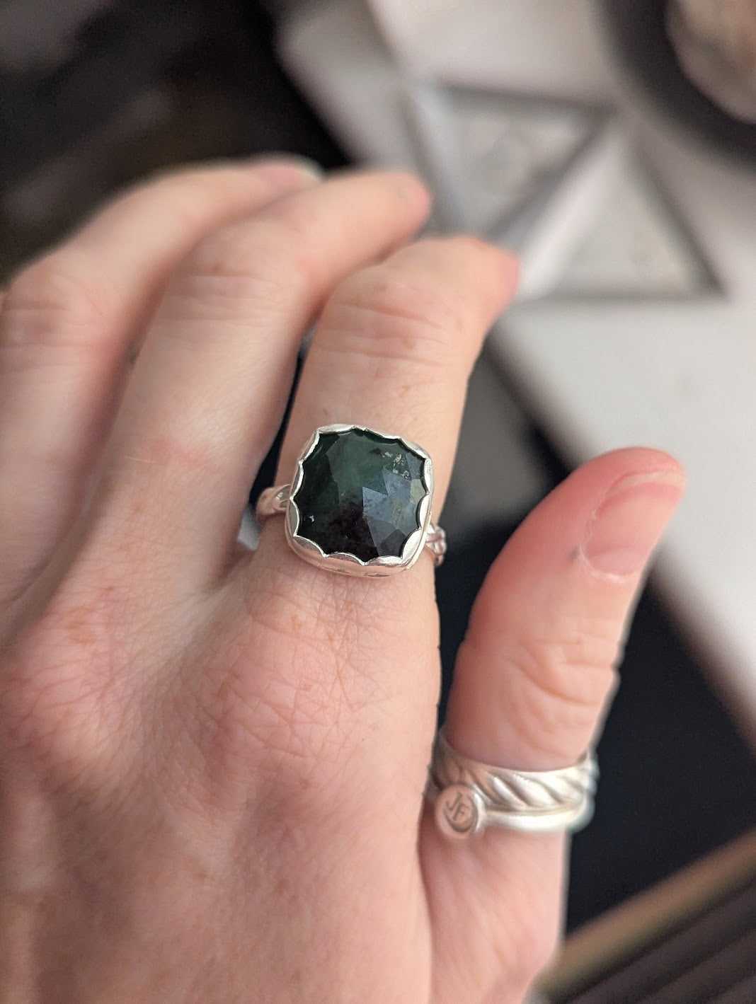 Faceted Emerald Sterling Silver Ring - Size 7.5