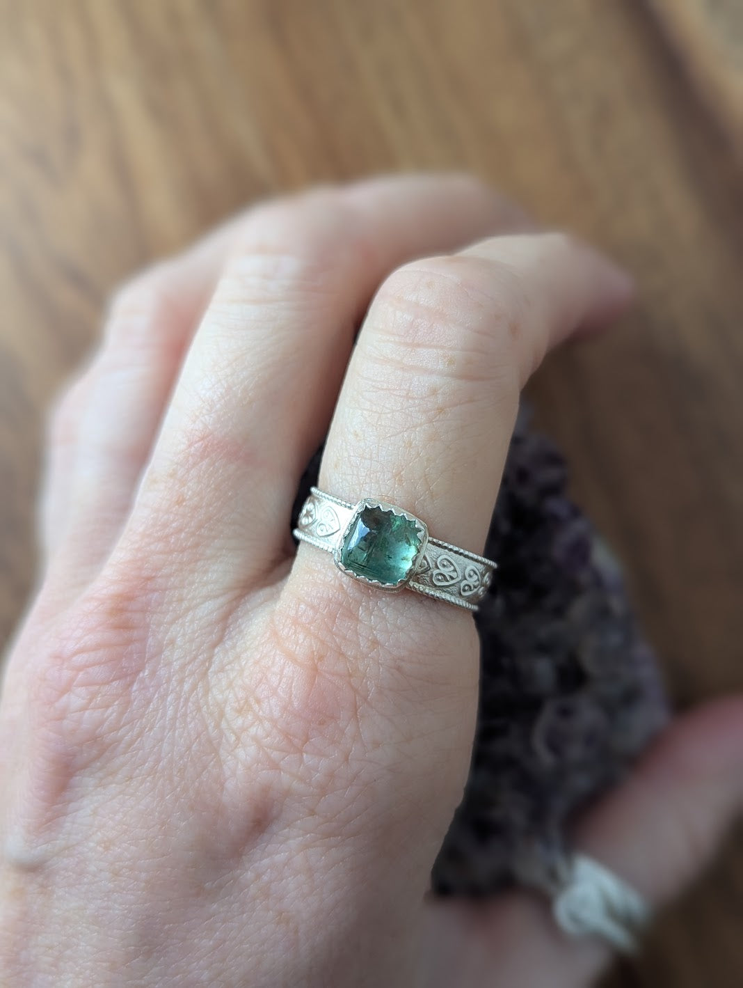 Green Tourmaline with Silver Thick Heart Band - Size 8