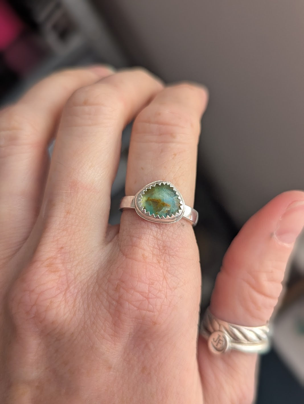 Faceted Aqua Peruvian Opal Sterling Silver Ring - Size 7