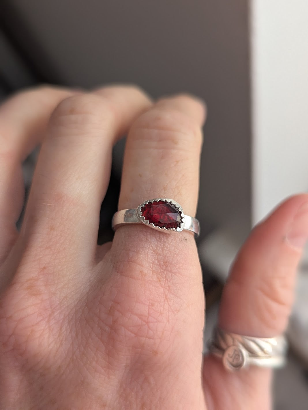 Faceted Garnet Sterling Silver Ring - Size 6