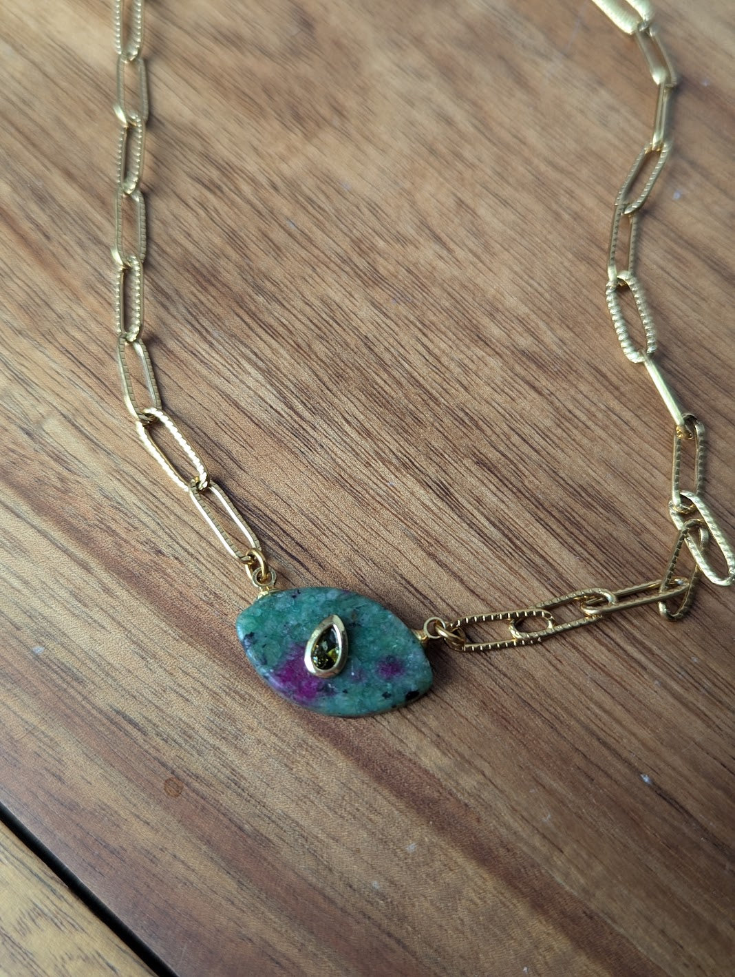 Ruby Zoisite and Green Crystal Evil Eye Gold Paperclip Necklace
