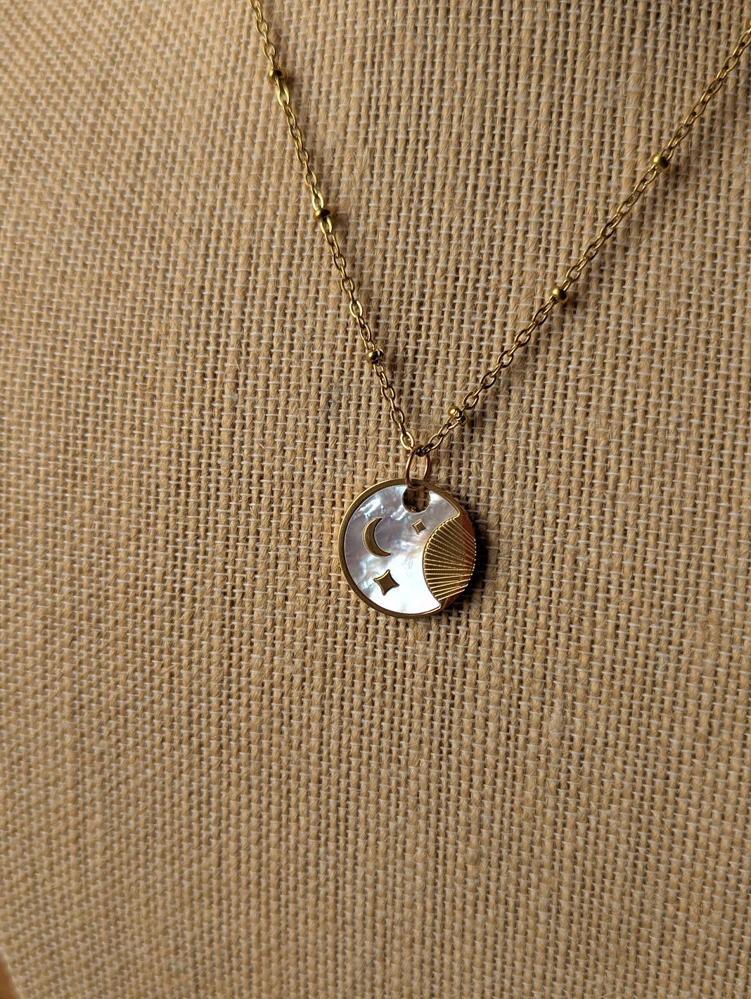 Golden Mother of Pearl Celestial Disc Necklace