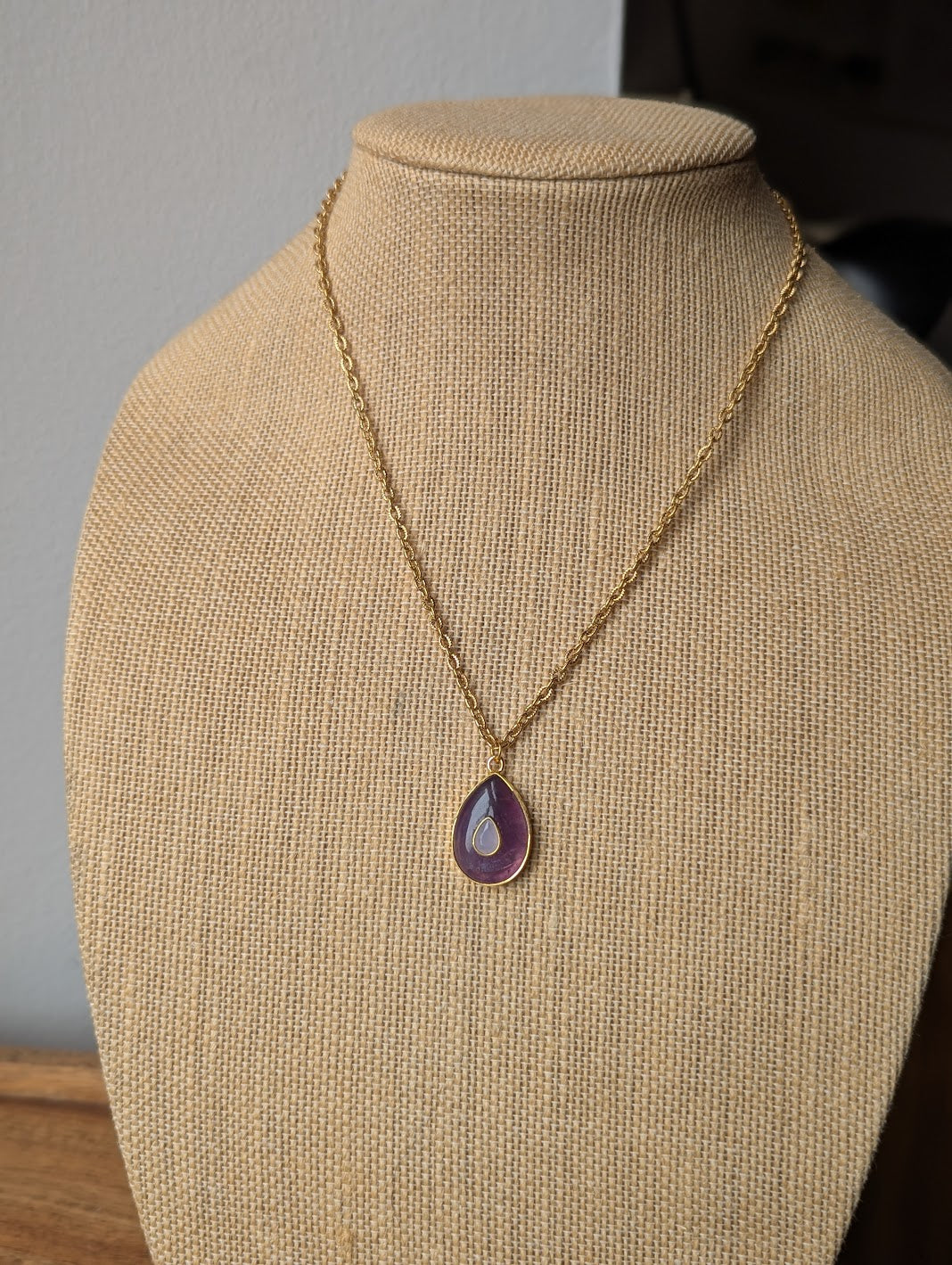 Aqua Chalcedony and Red Crystal Evil Eye Gold Paperclip Necklace