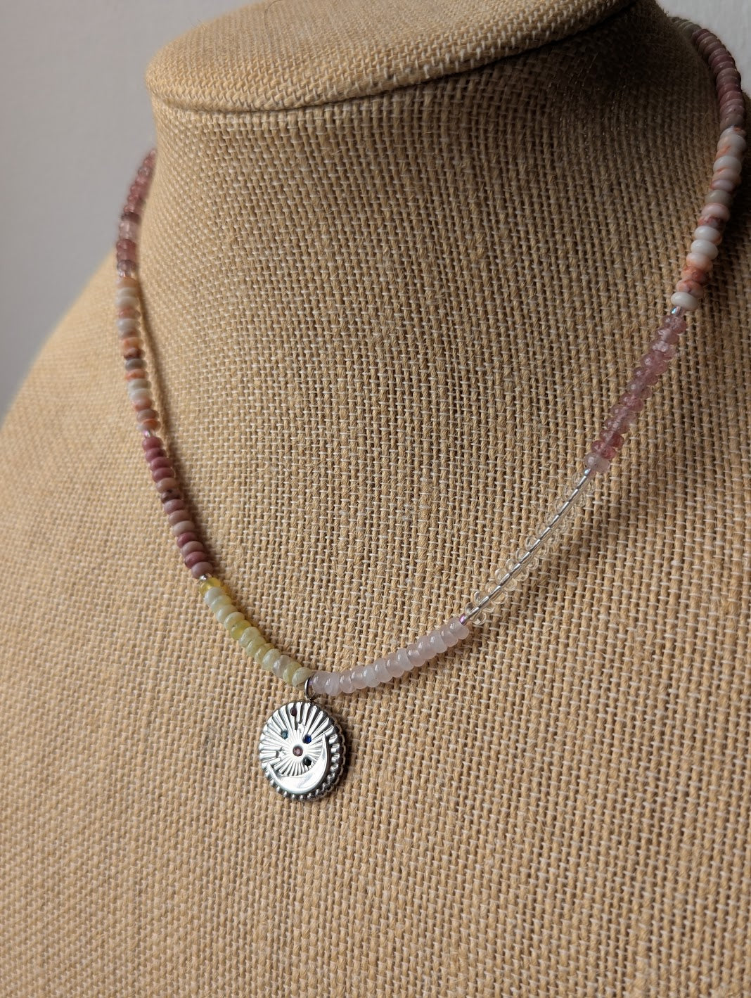 Pastel Pinky Mixed Gemstone Silver Moon Beaded Necklace