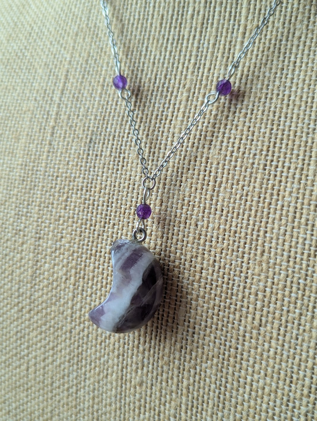 Amethyst Crescent Moon Beaded Silver Necklace