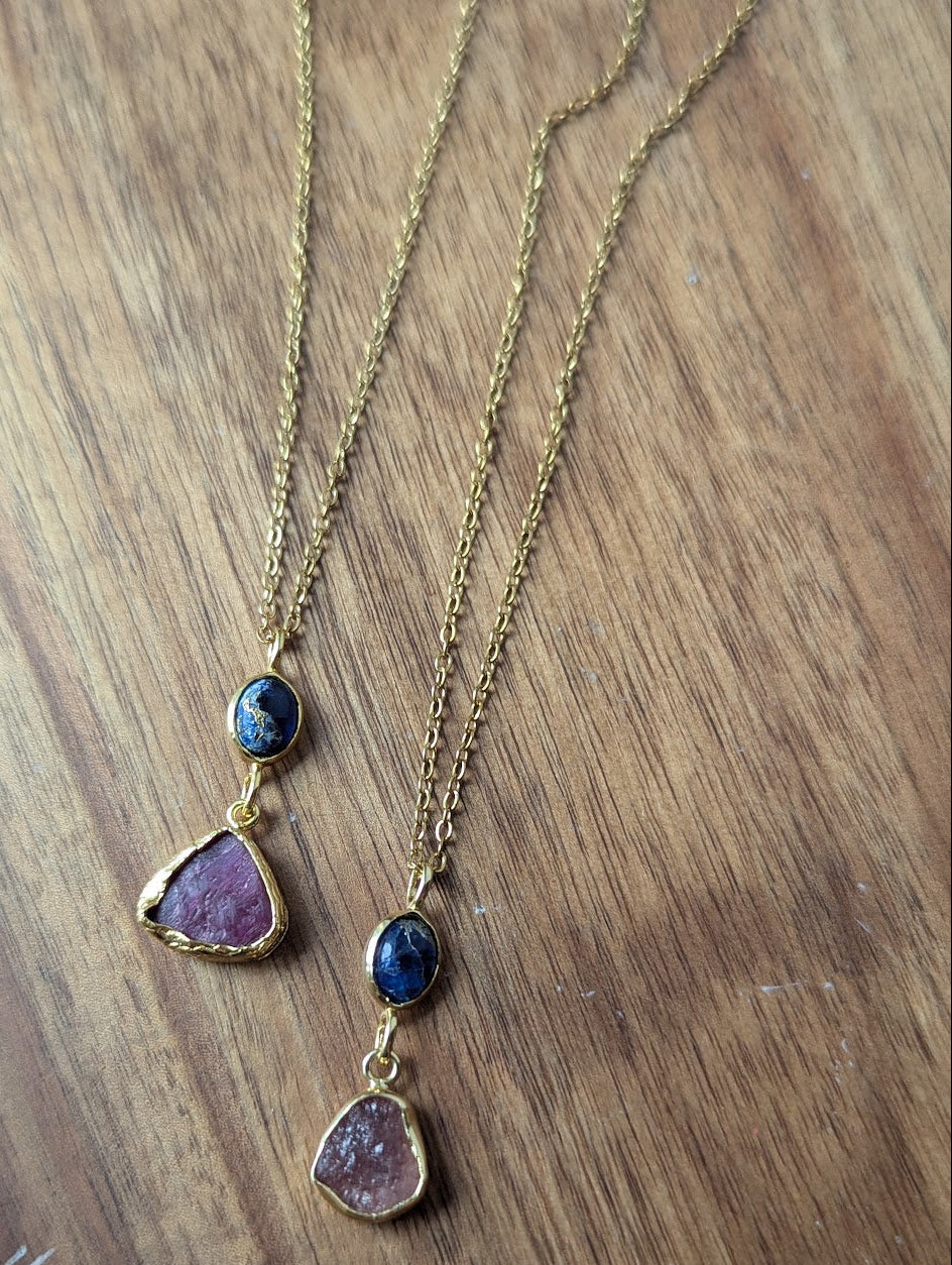 Blue Sea Sediment and Pink Tourmaline Duo Gold Necklace