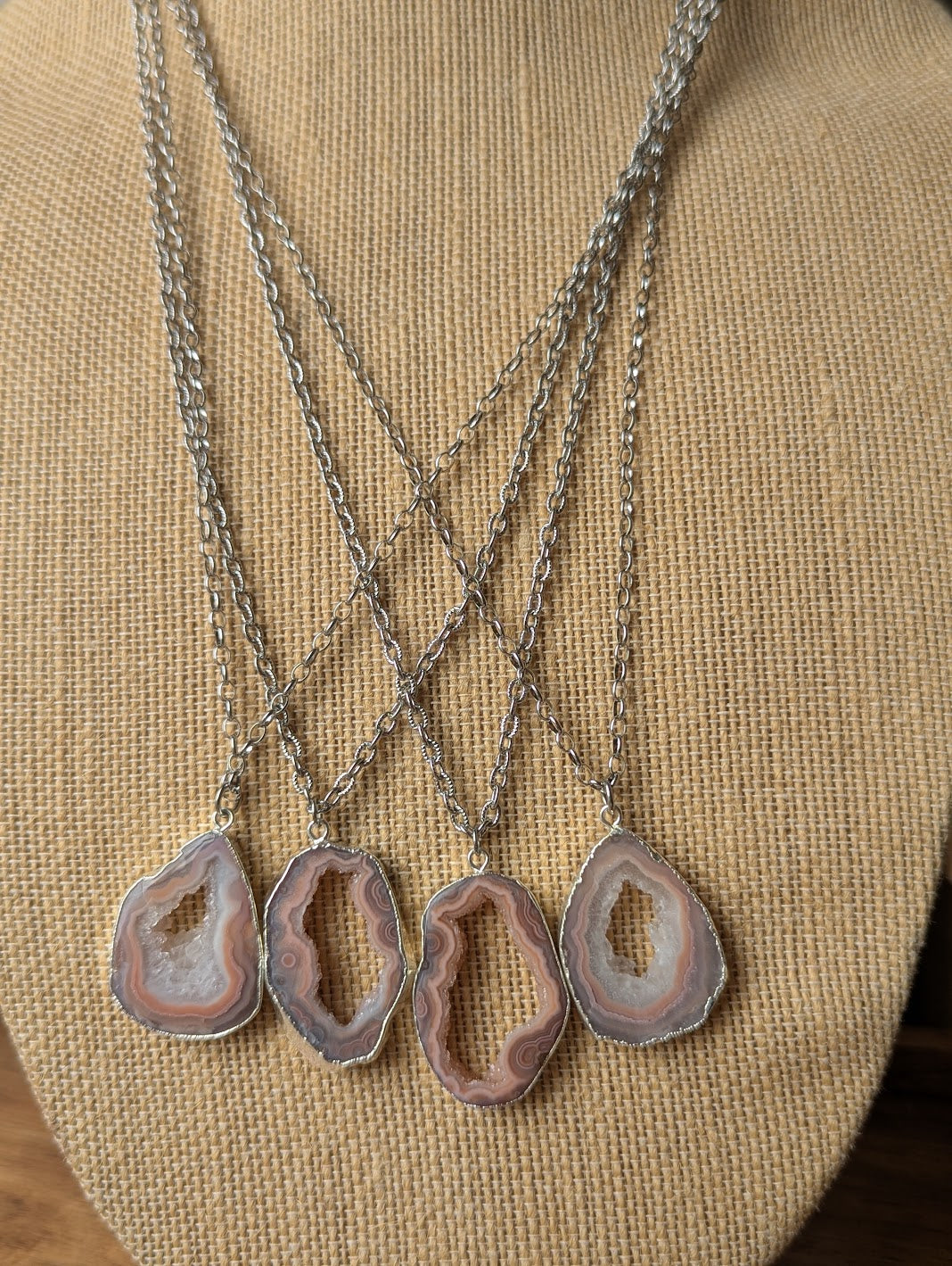 Pink Botswana Agate Slice Silver Long Necklace (Various Options Available)
