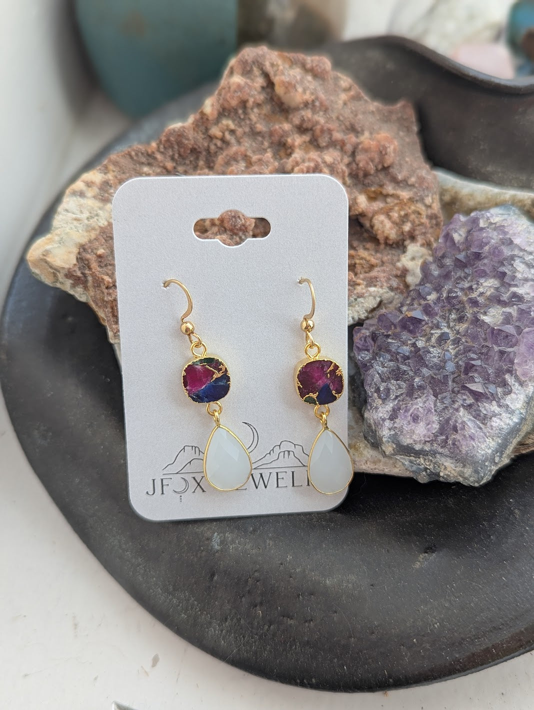 Multi Color Mosaic and White Crystal Duo Earrings
