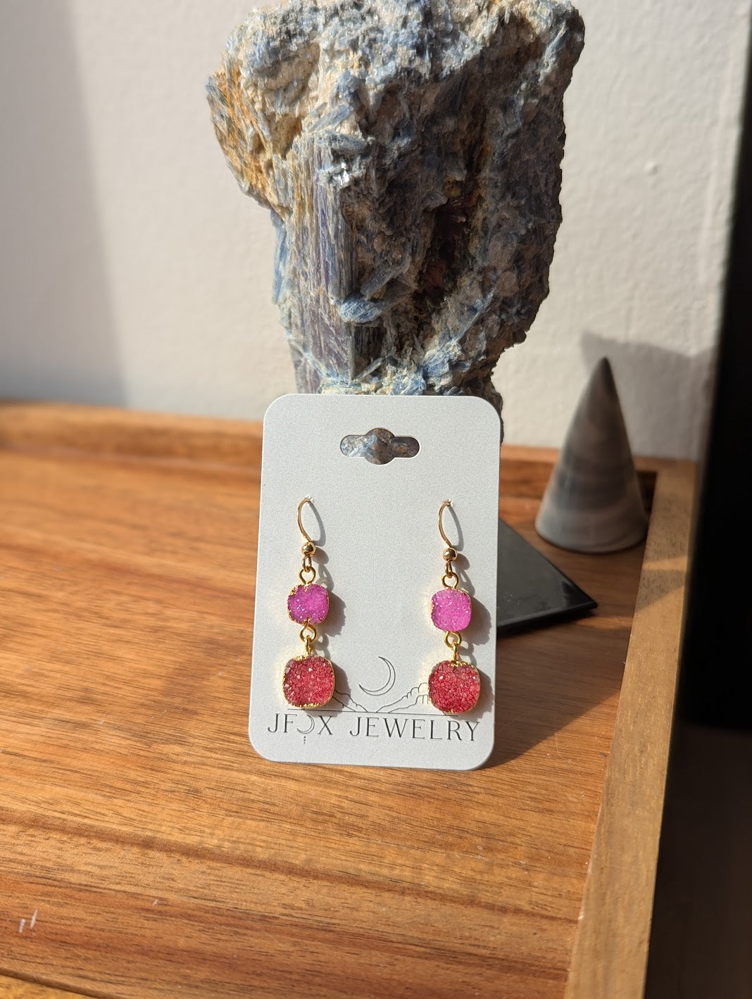 Red and Pink Druzy Duo Gold Earrings