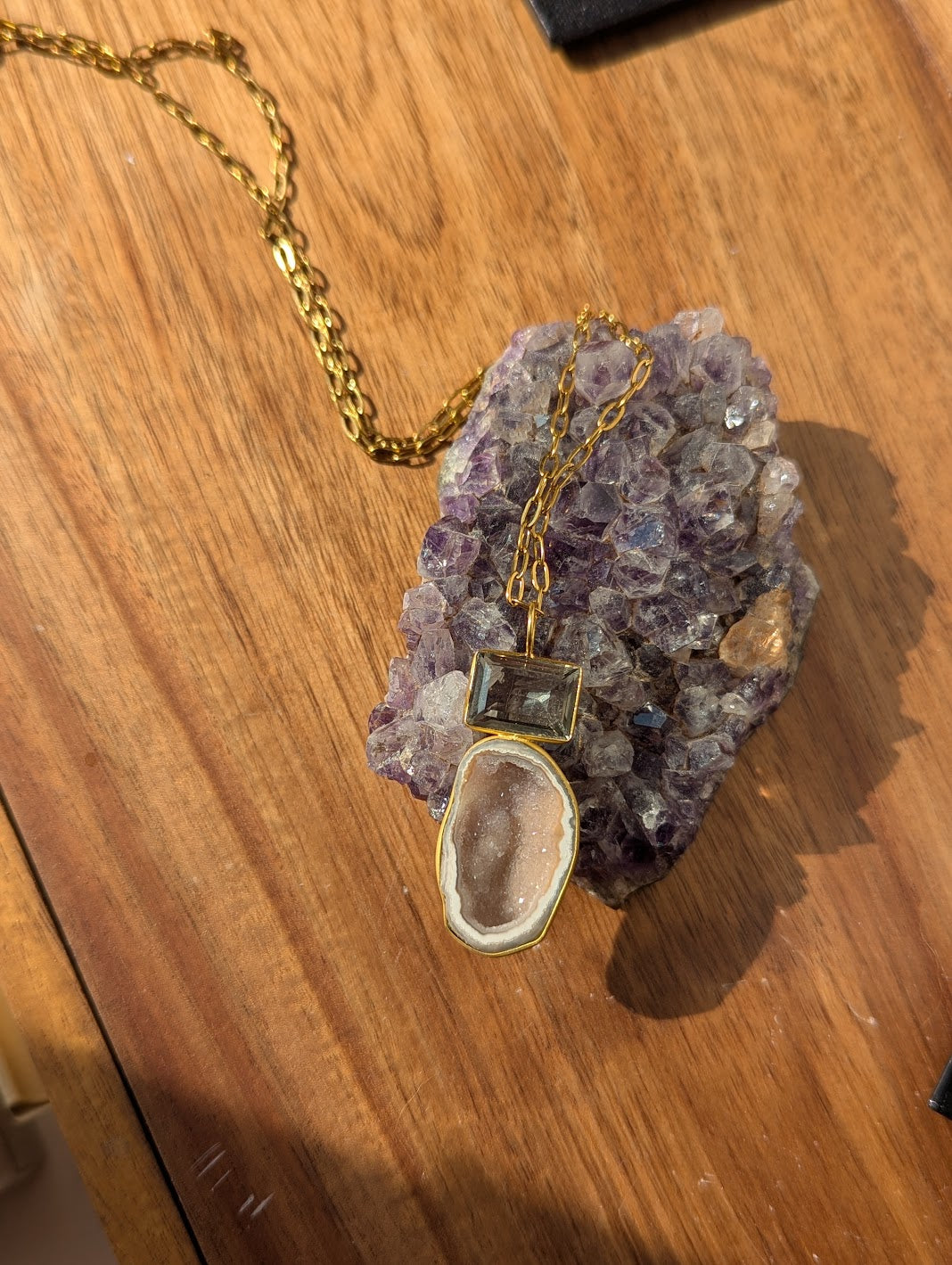 Smoky Quartz and White Druzy Duo Gold Necklace