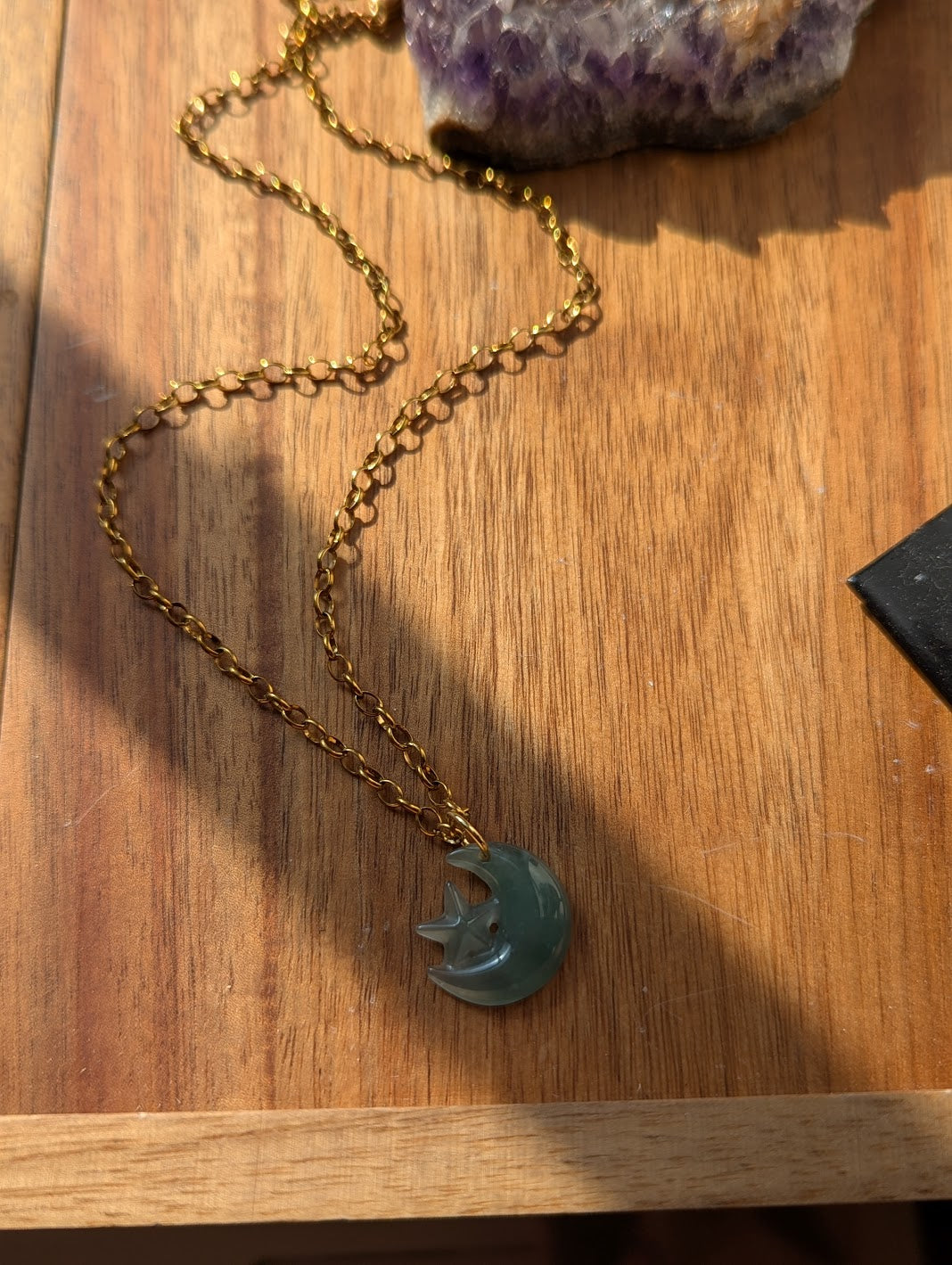 Green Aventurine Moon and Star Gold Necklace