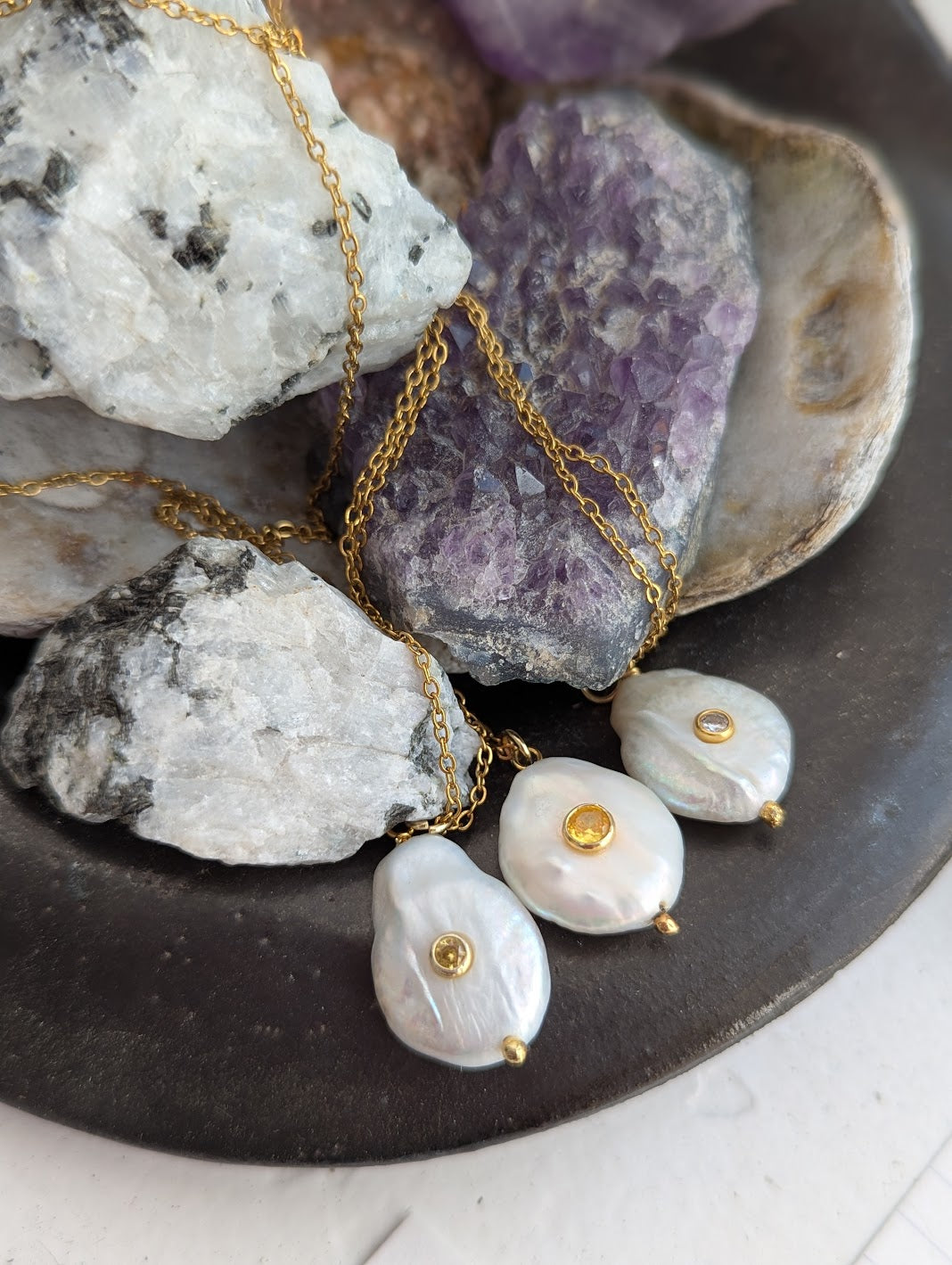 Freshwater Pearl CZ Crystal Gold Necklace (Various Options Available)
