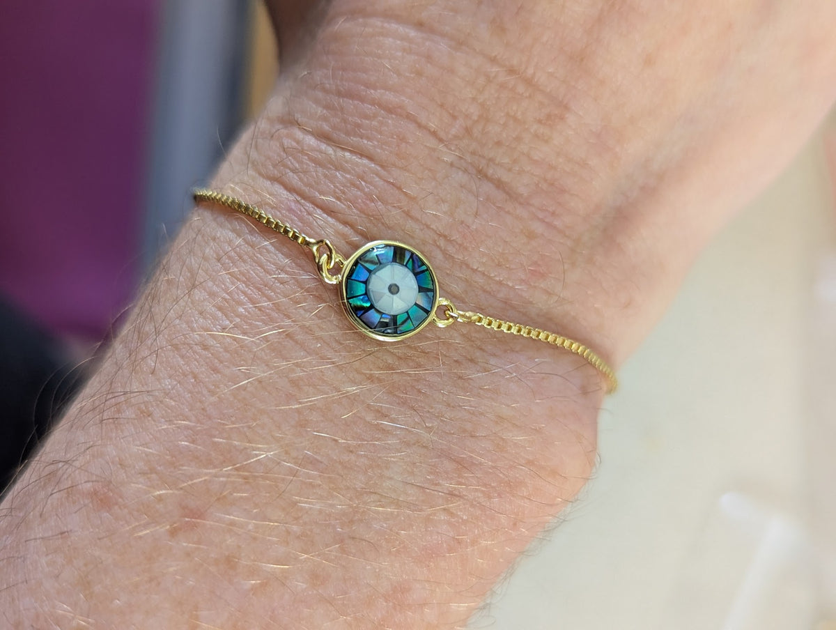 Abalone and Mother of Pearl Evil Eye Gold Slider Bracelet