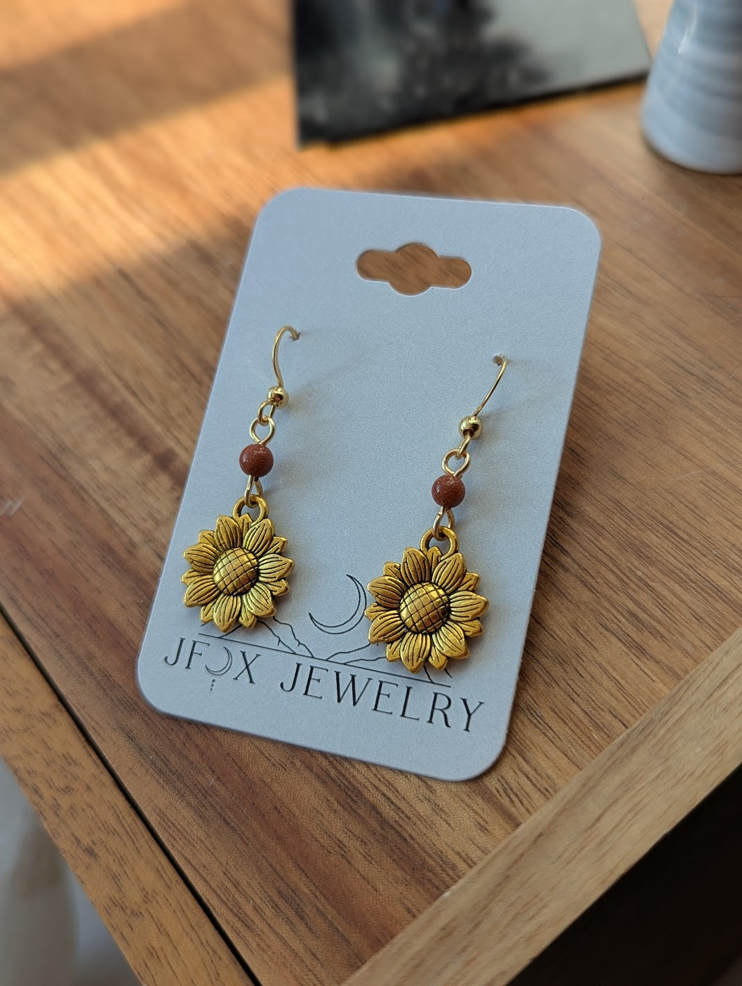 Gold Sunflower Red Goldstone Earrings