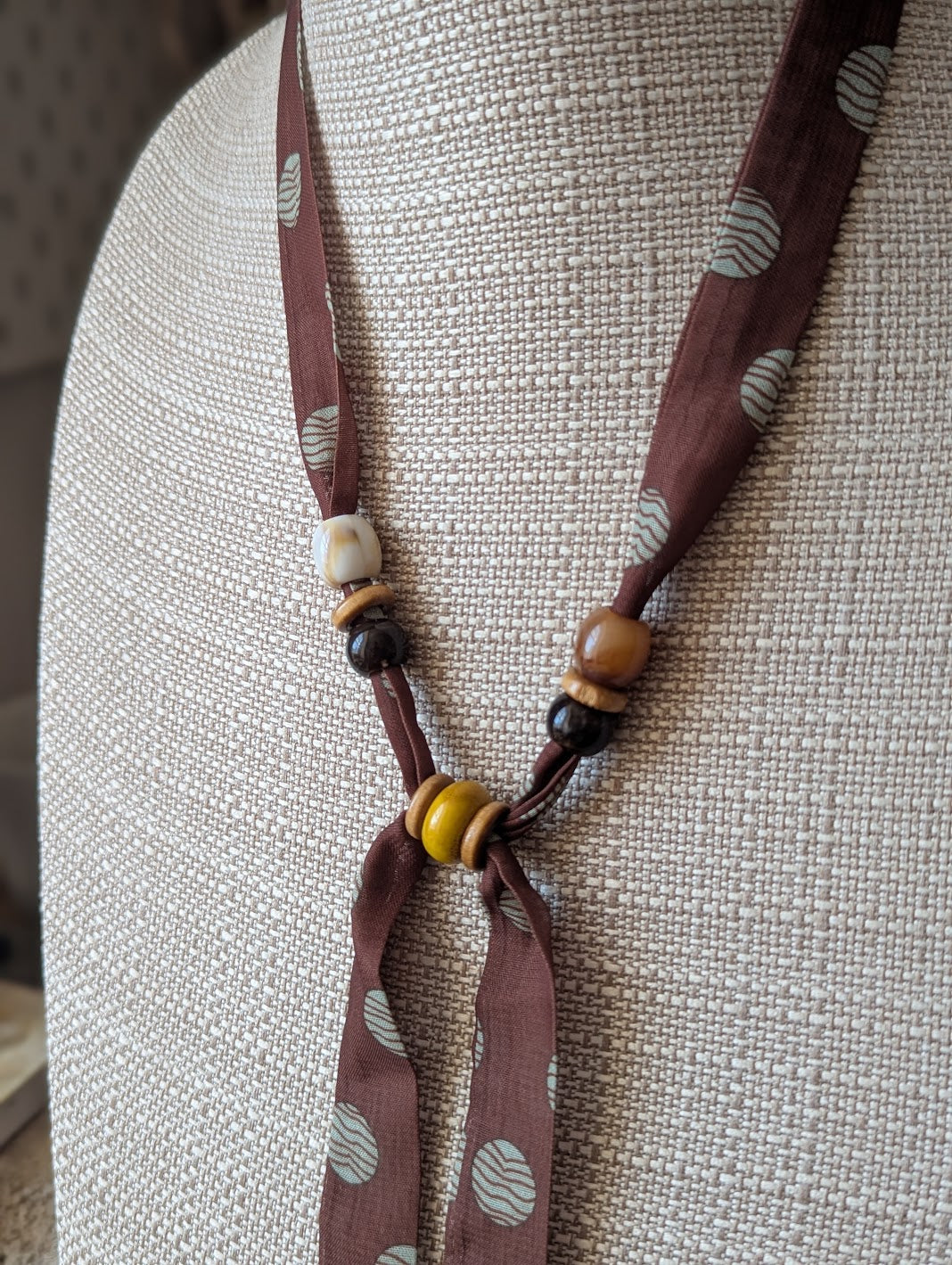 Brown Polka Dot Scarf Wooden Bead Adjustable Necklace