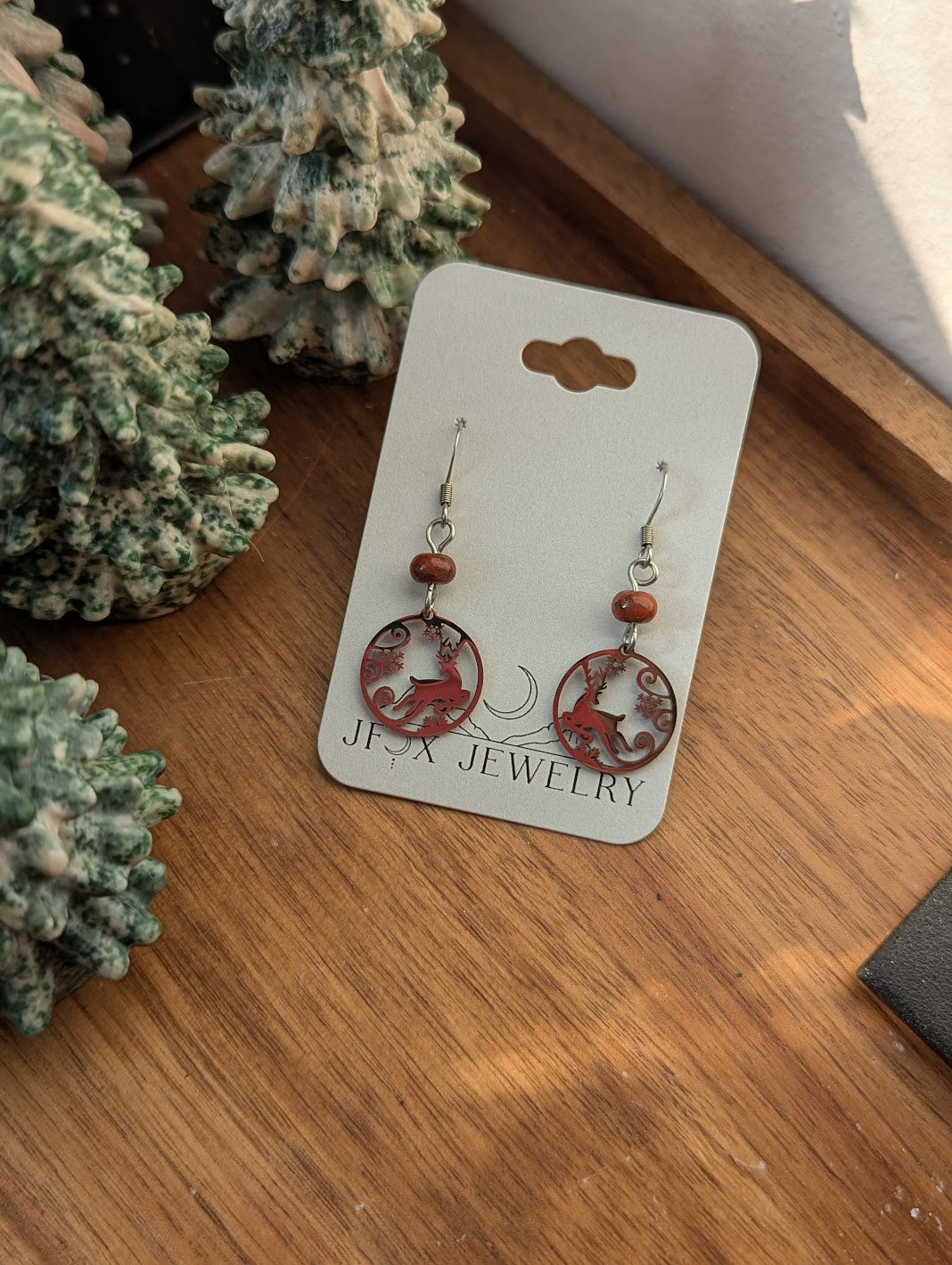 Silver Reindeer Red Jasper Earrings