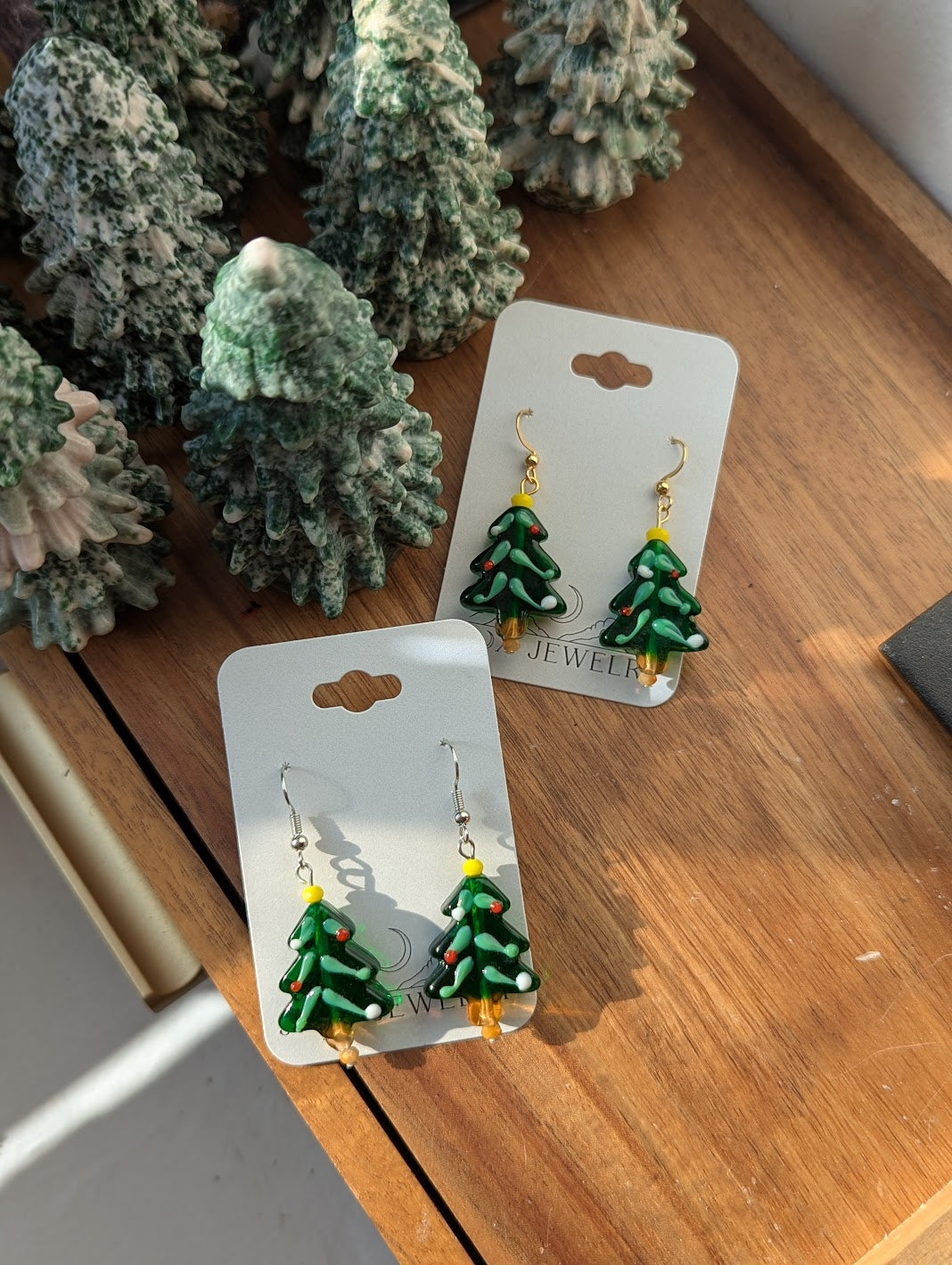 Lampwork Glass Christmas Tree Earrings (Silver or Gold)
