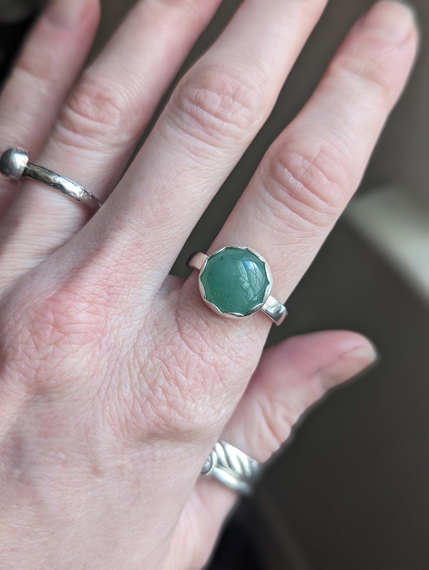 12mm Green Aventurine Round Sterling Silver Ring - Size 7.5