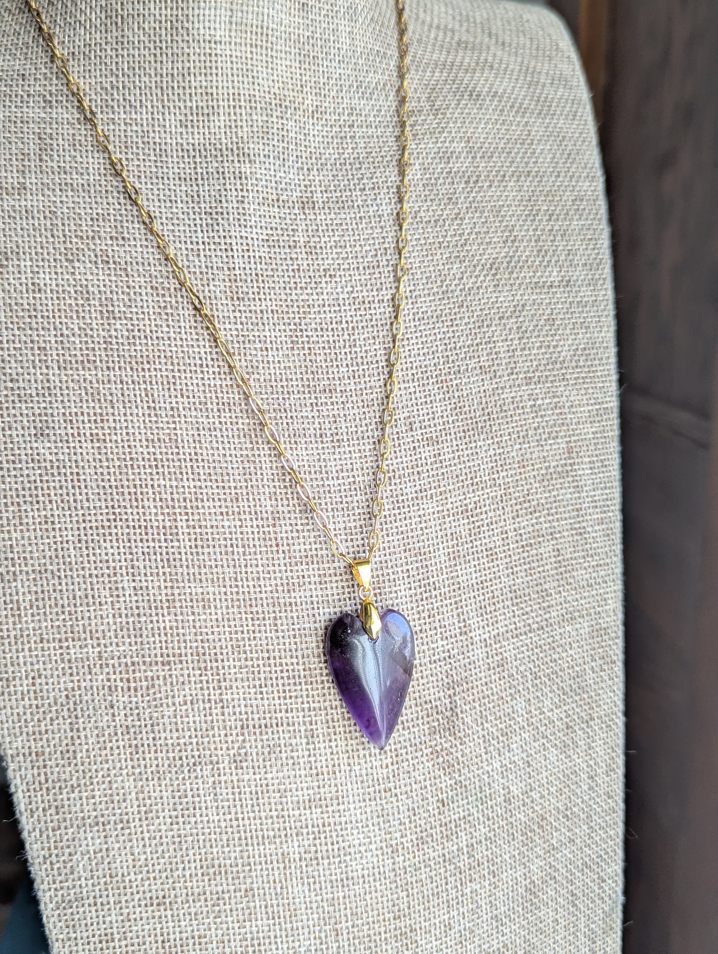 Amethyst Heart Gold Paperclip Necklace