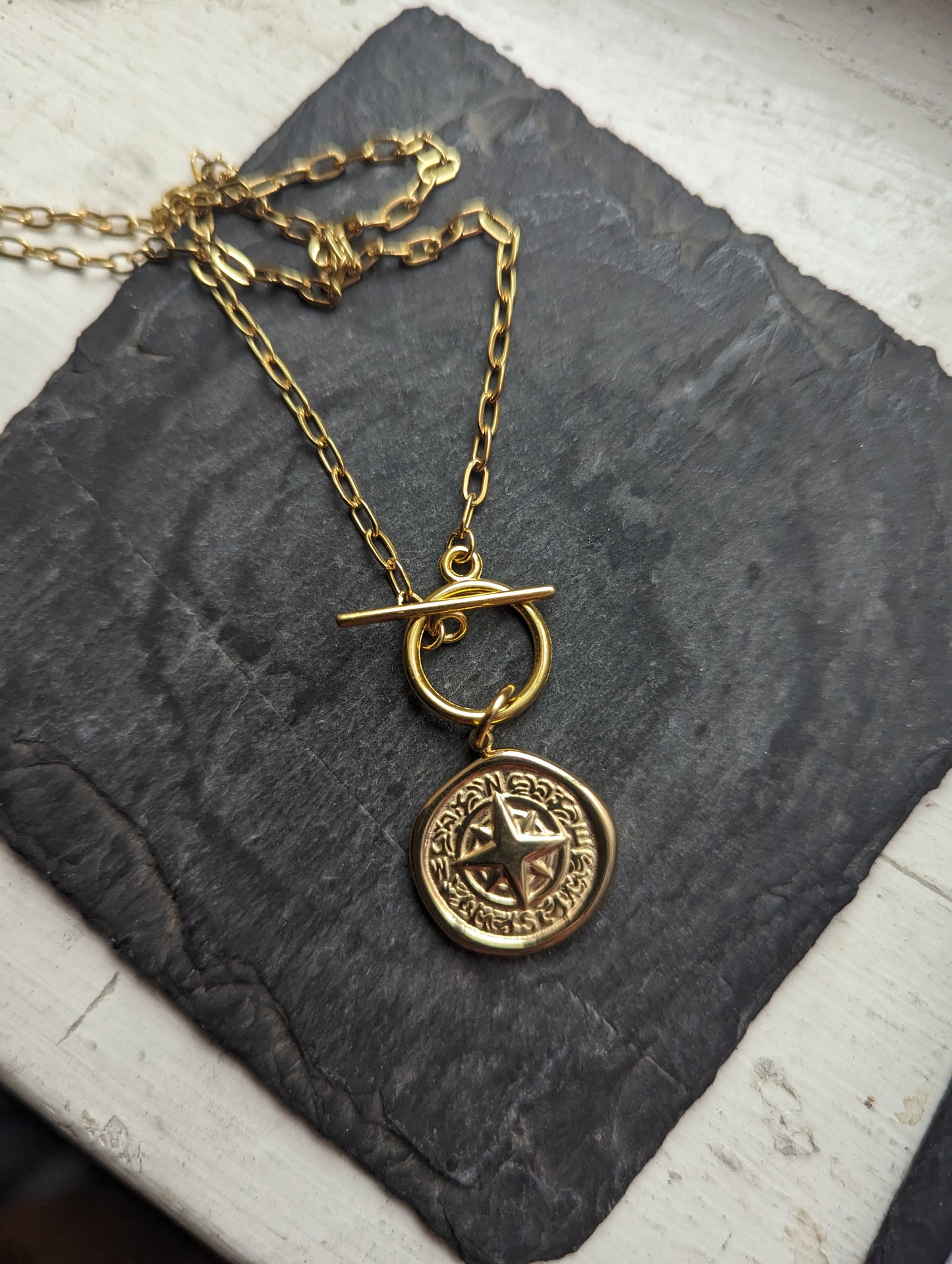 Compass Pendant Toggle Clasp on Gold Paper Clip Chain