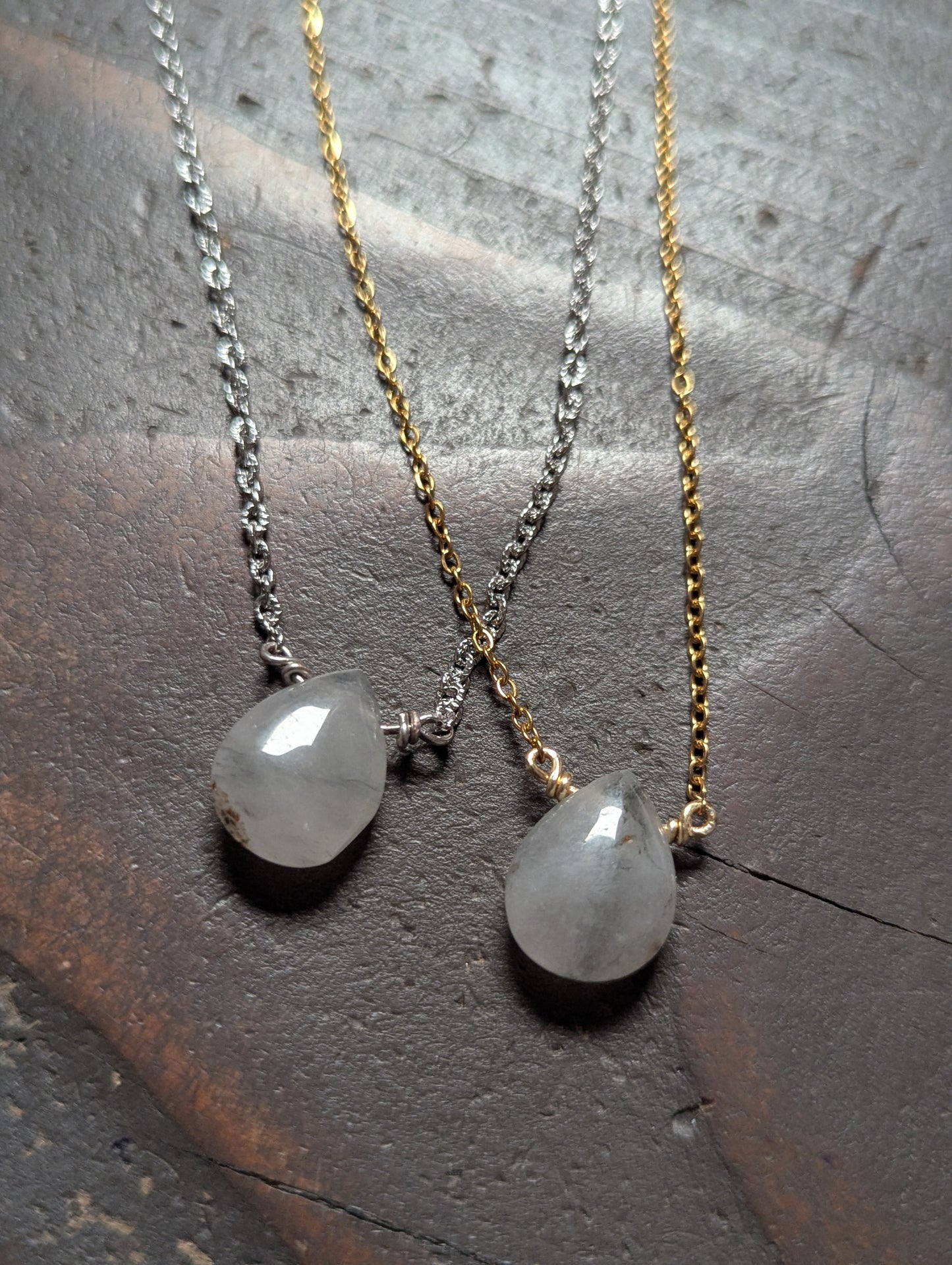 Rutilated Quartz Tear Drop Pendant on Stainless (Silver or Gold)