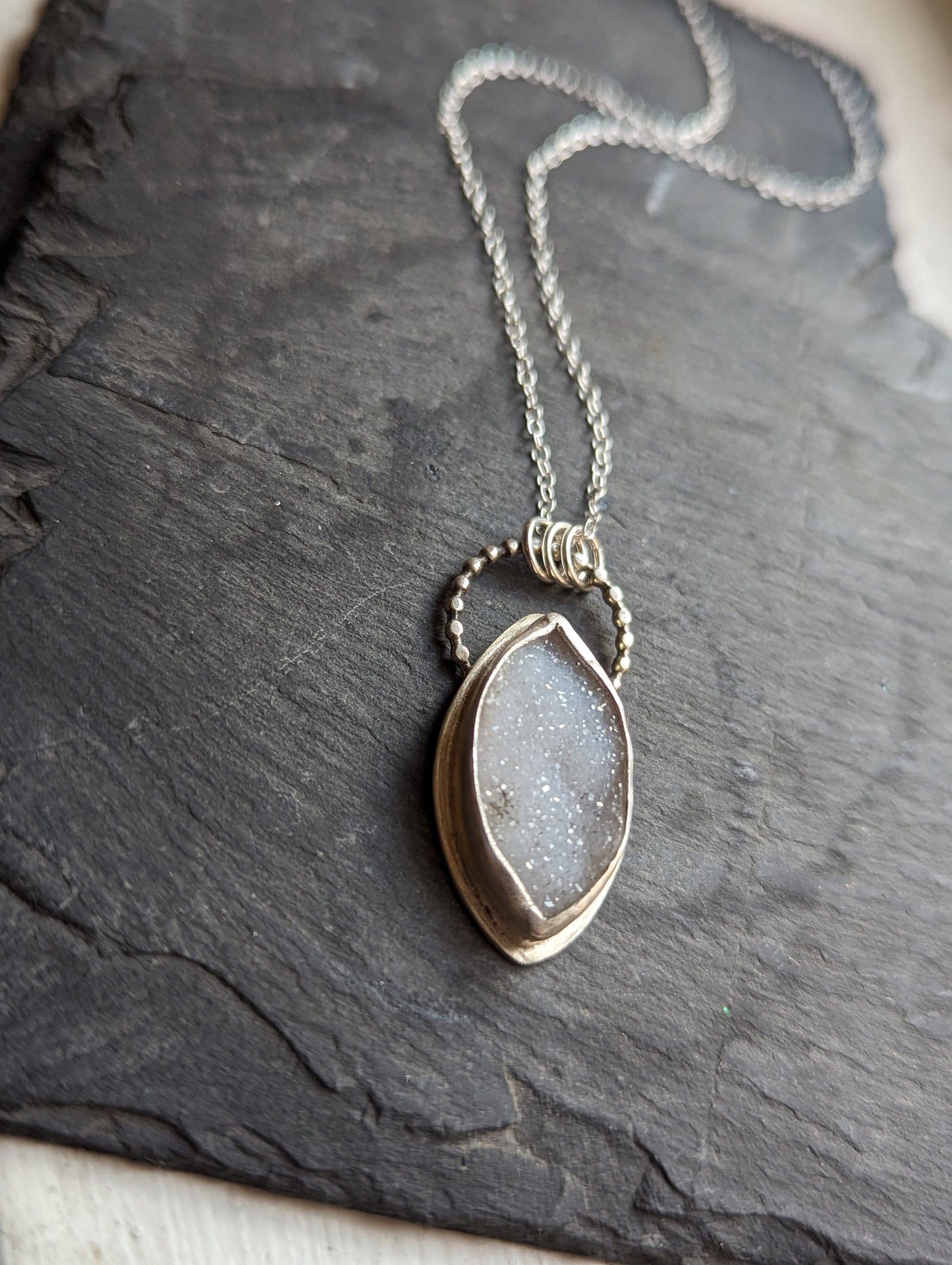White Druzy Marquise Sterling Silver Necklace