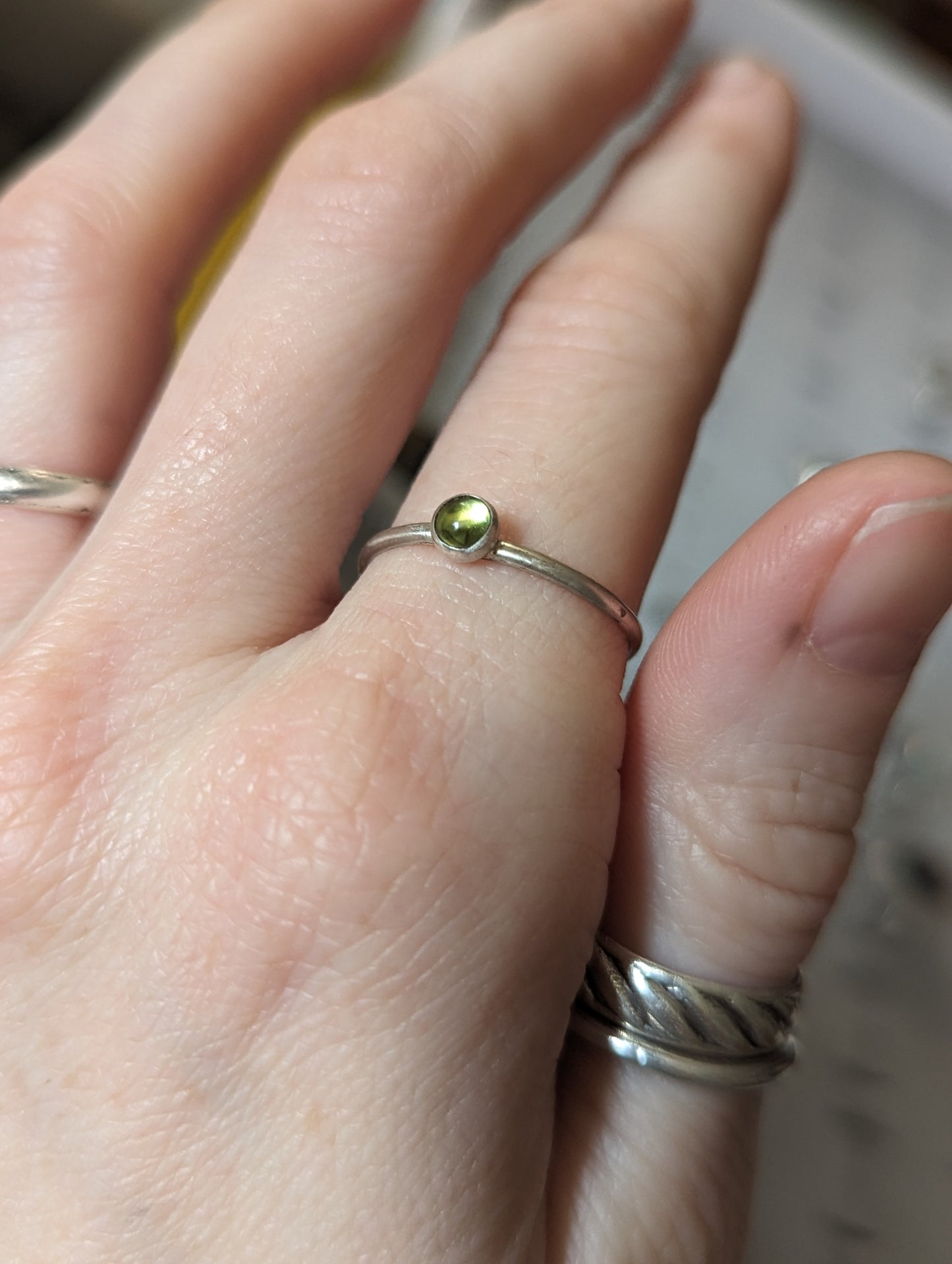 4mm Peridot Sterling Silver Stacker Ring - Size 8 + 9.5