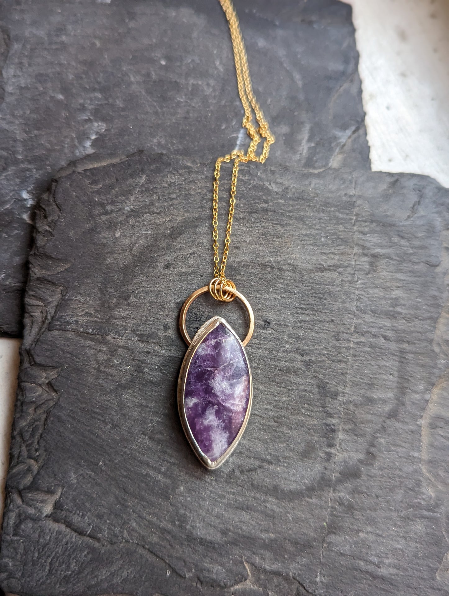 Lepidolite Marquise Mixed Metal 14kGF and Sterling Silver Necklace