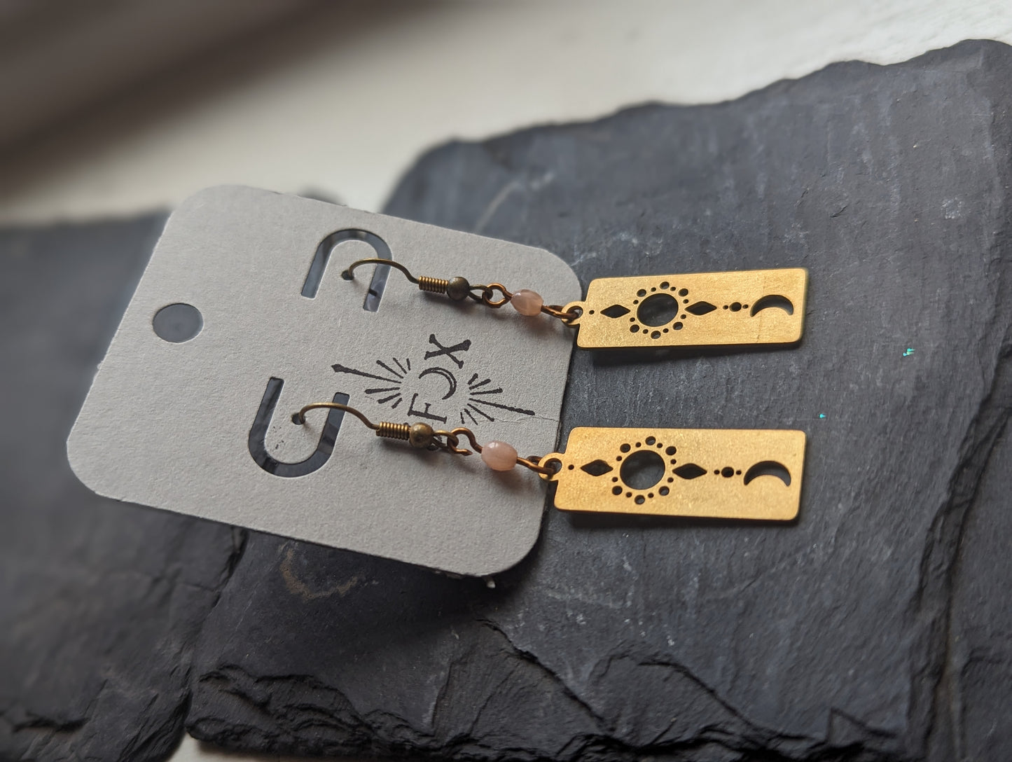 Sun, Moon and Pink Aventurine Earrings - Brass