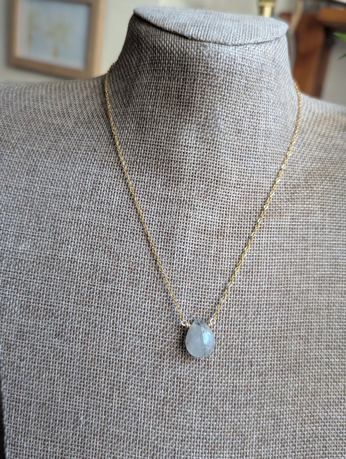 Rutilated Quartz Tear Drop Pendant on Stainless (Silver or Gold)